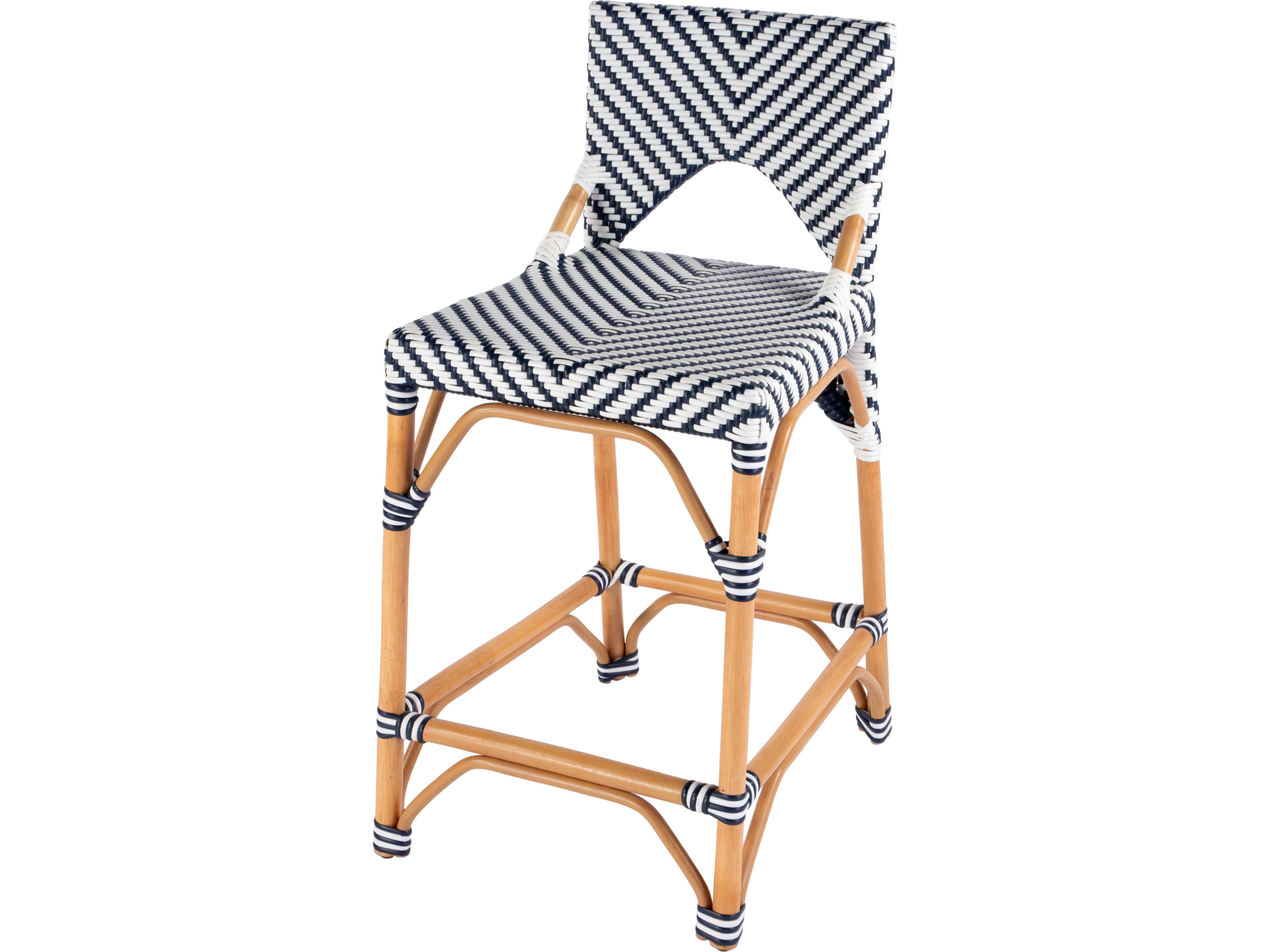 Creanly White navy Dot Natural Rattan Frame Blue Counter Stool