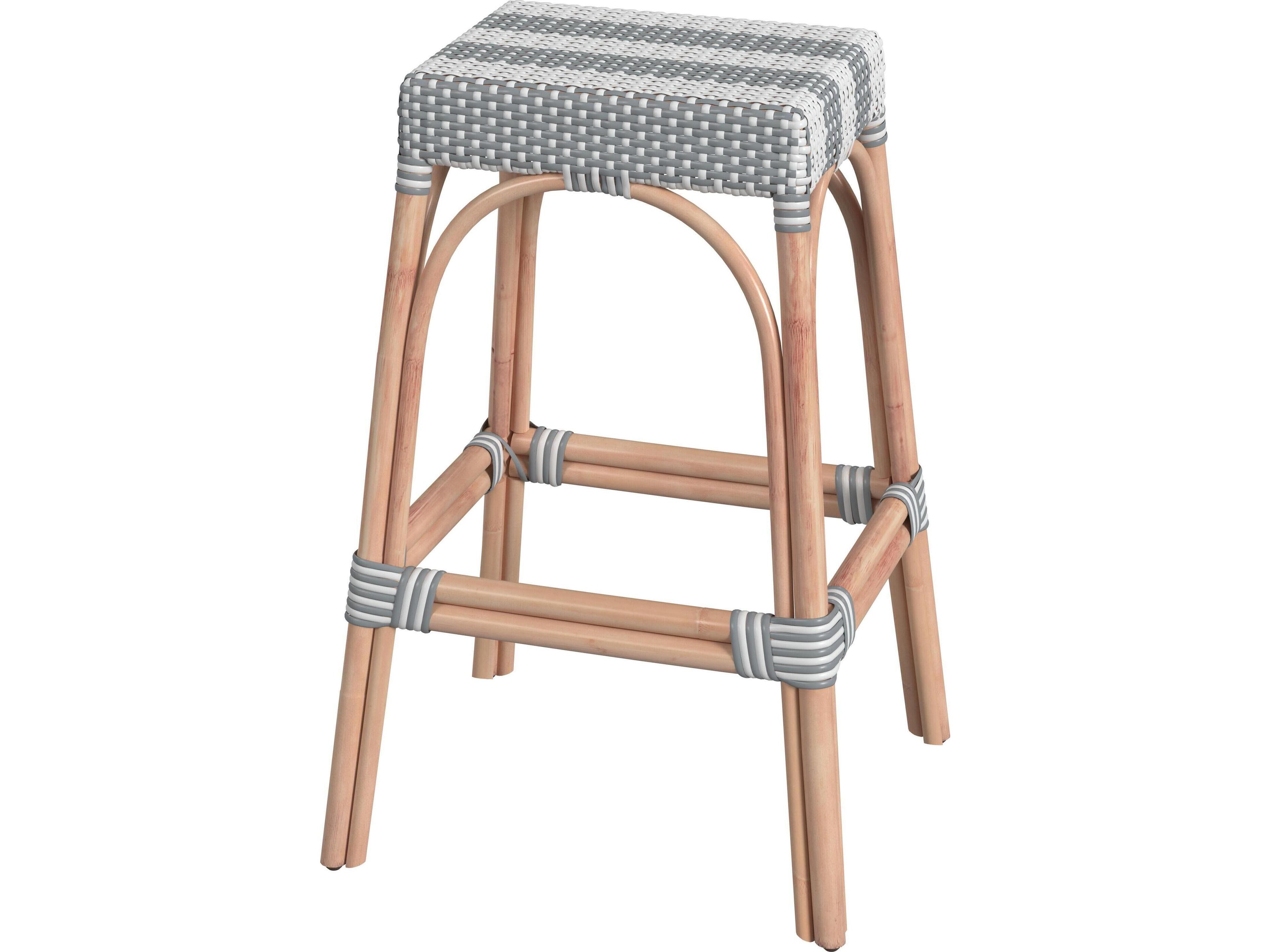 Robias Gray white Stripe Natural Rattan Frame Bar Stool
