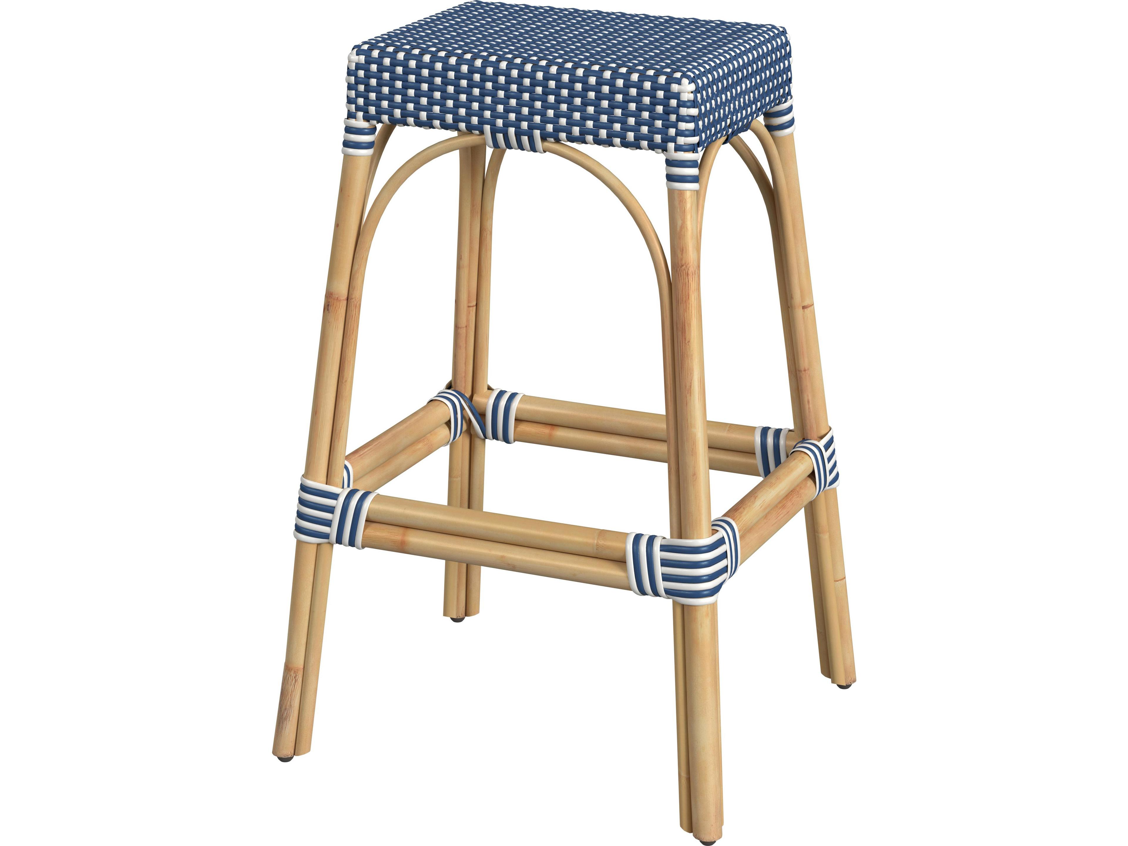 Robias Blue white Dot Natural Rattan Frame Bar Stool