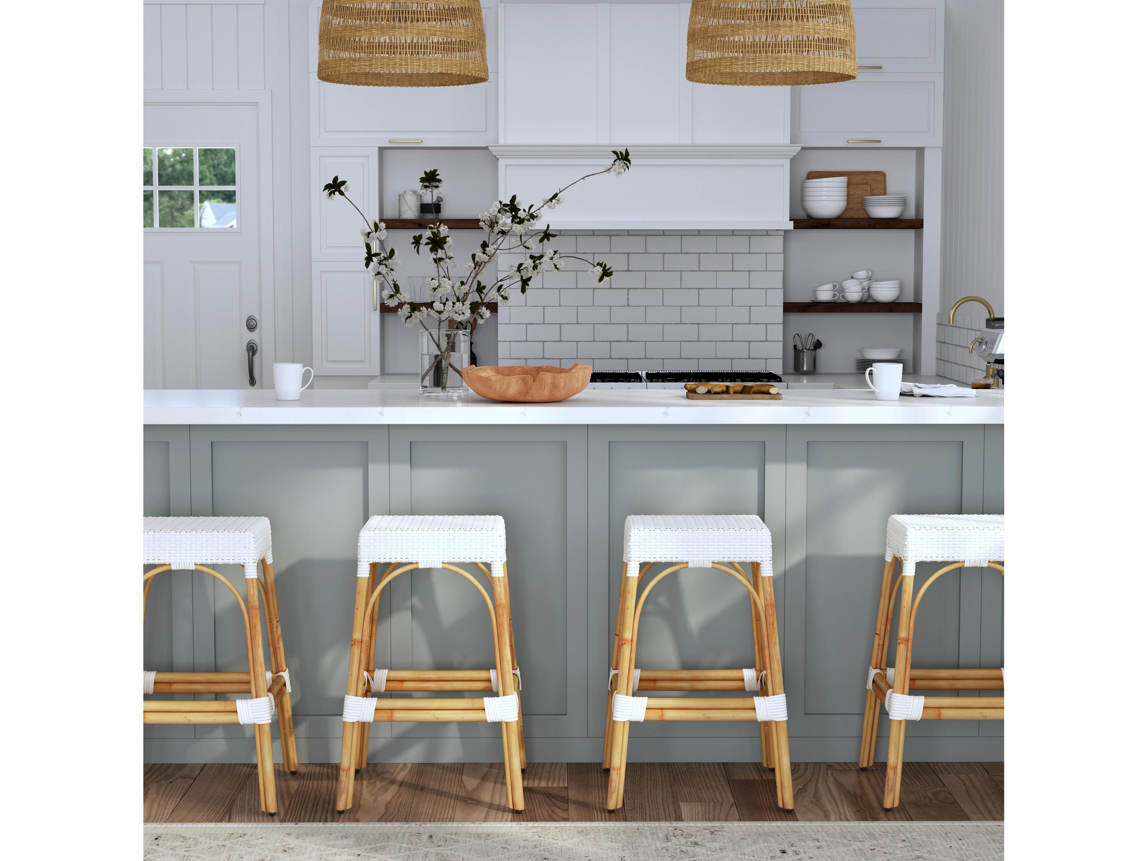 Butler Robias Glossy White Natural Rattan Frame Bar Stool