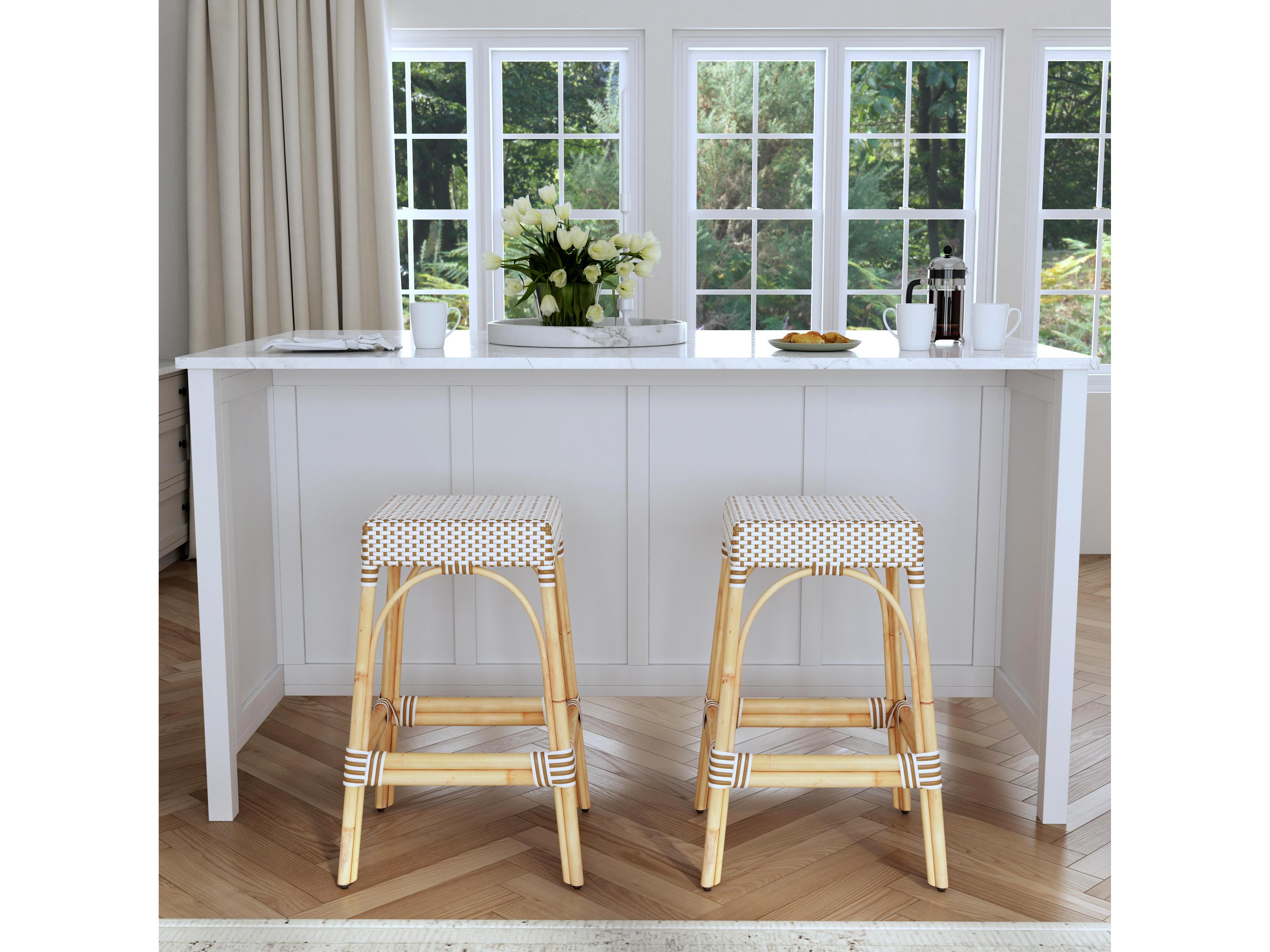 Butler Robias White tan Dot Natural Rattan Frame Tan & Beige Bar Stool