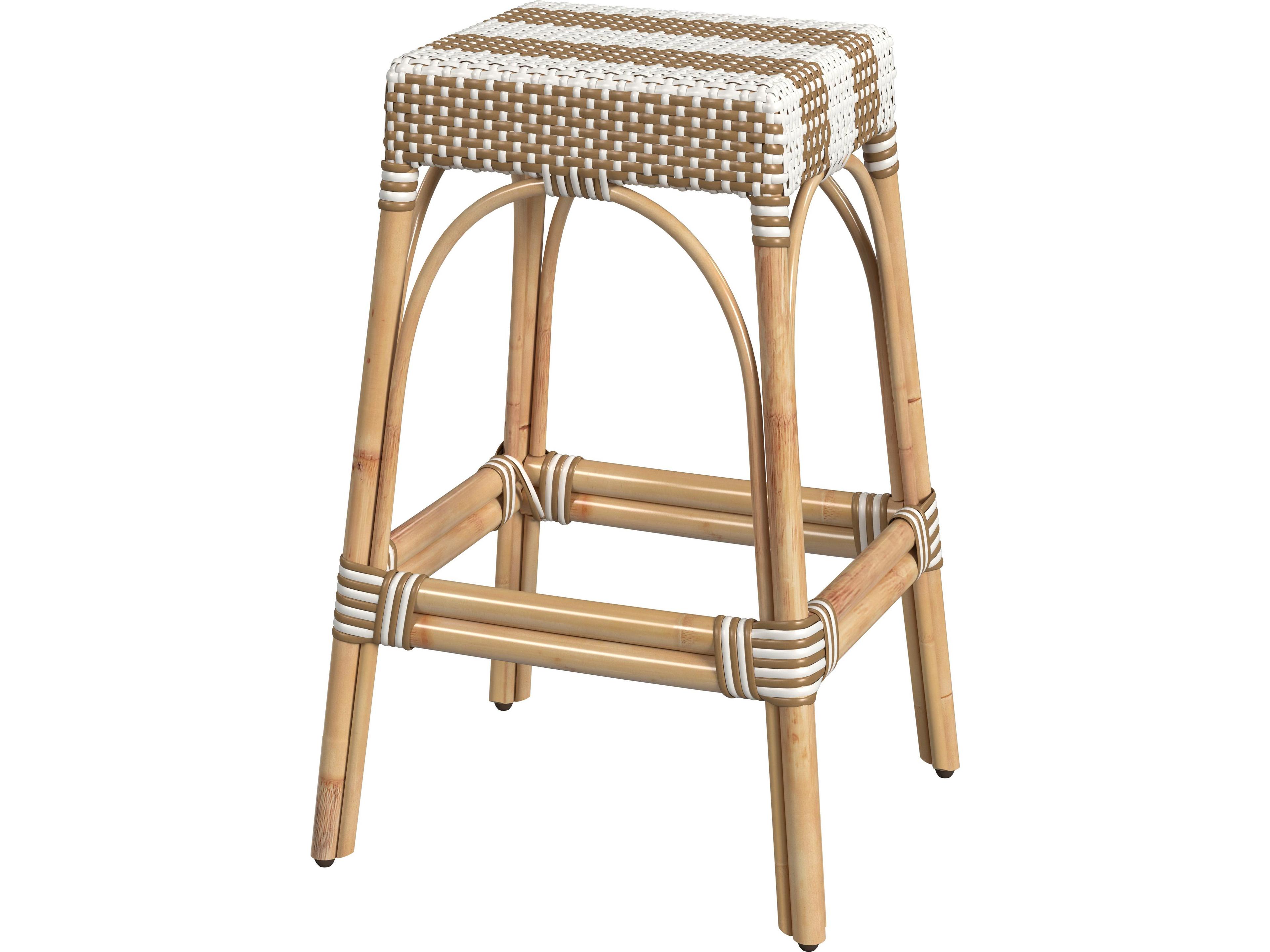 Robias Tan white Stripe Natural Rattan Frame & Beige Bar Stool