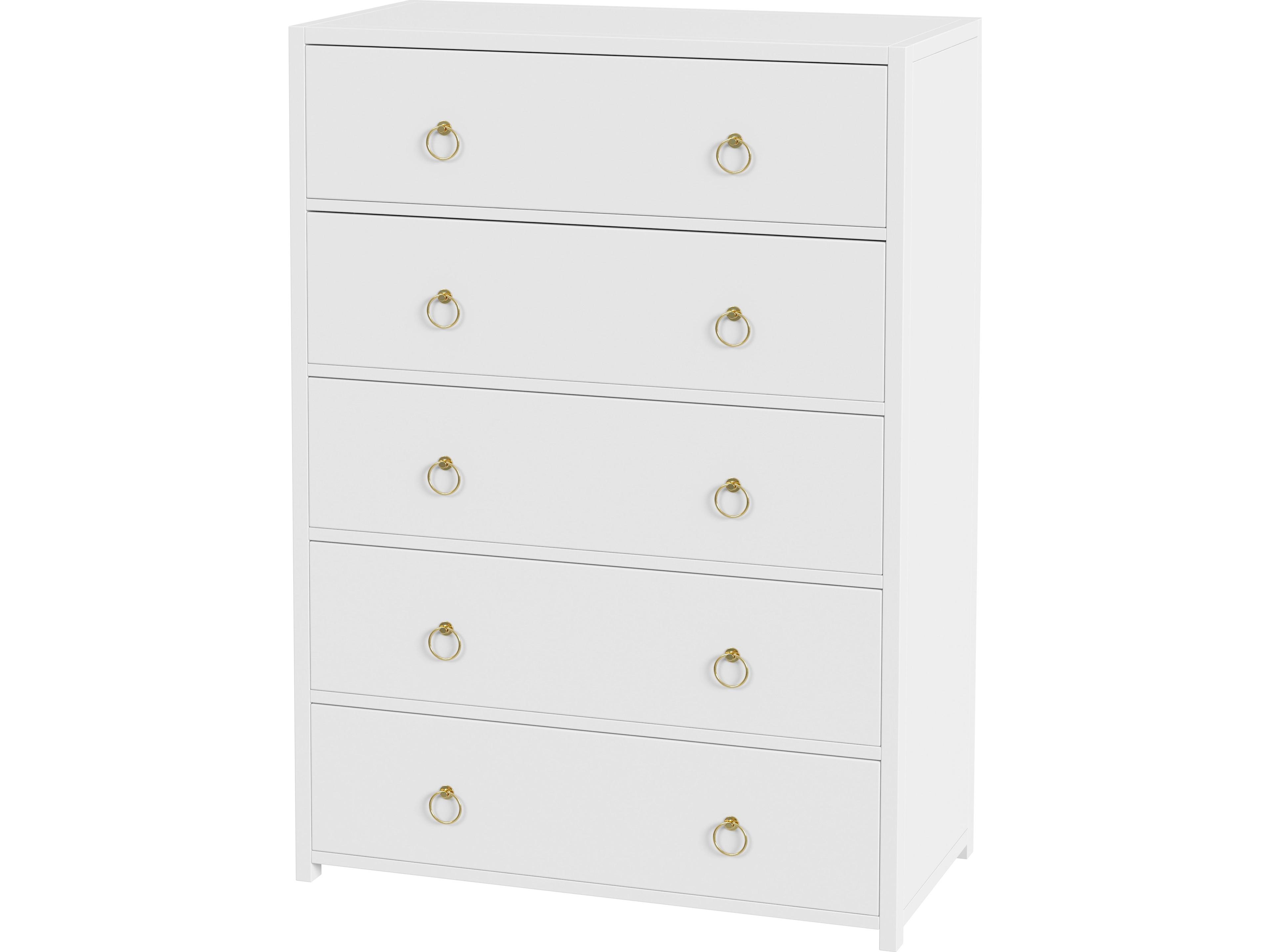 Specialty Lark 5 Drawer Dresser White Acacia Wood Gold Ring Pull Hardware