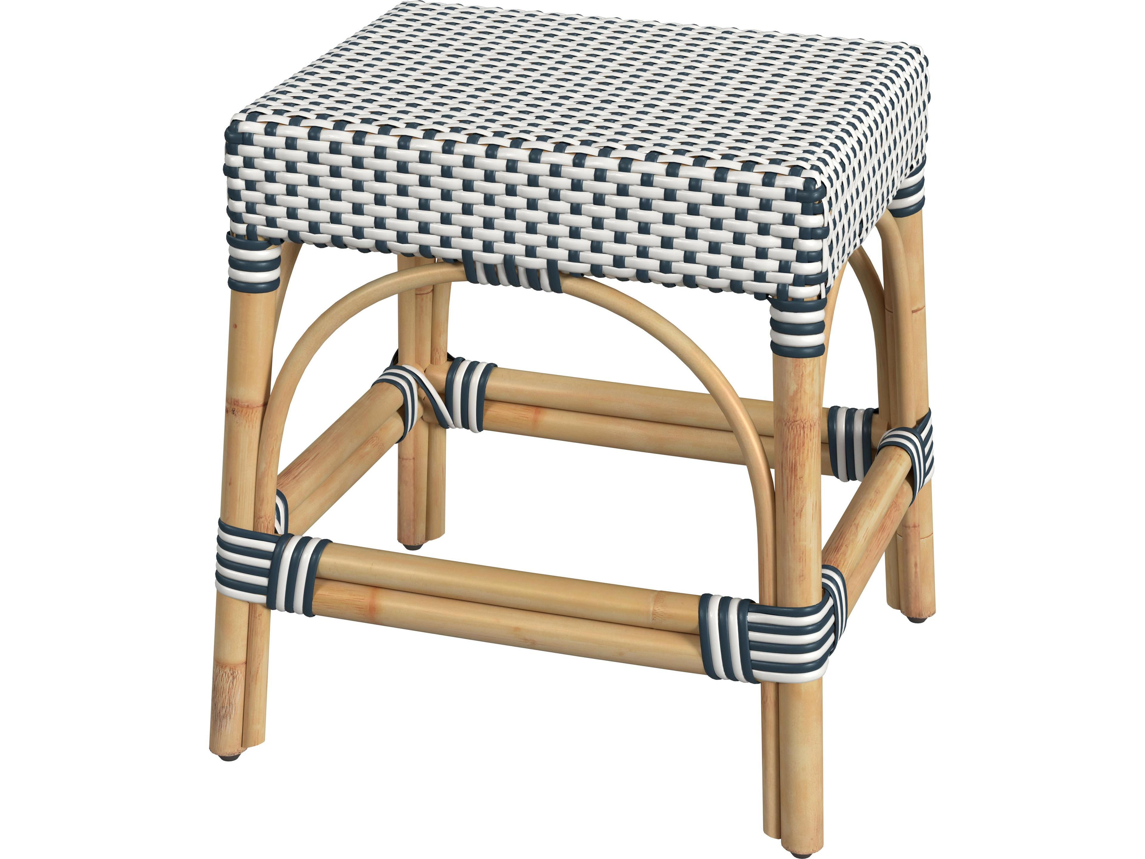 Robias White navy Stripe Natural Rattan Frame Table Stool