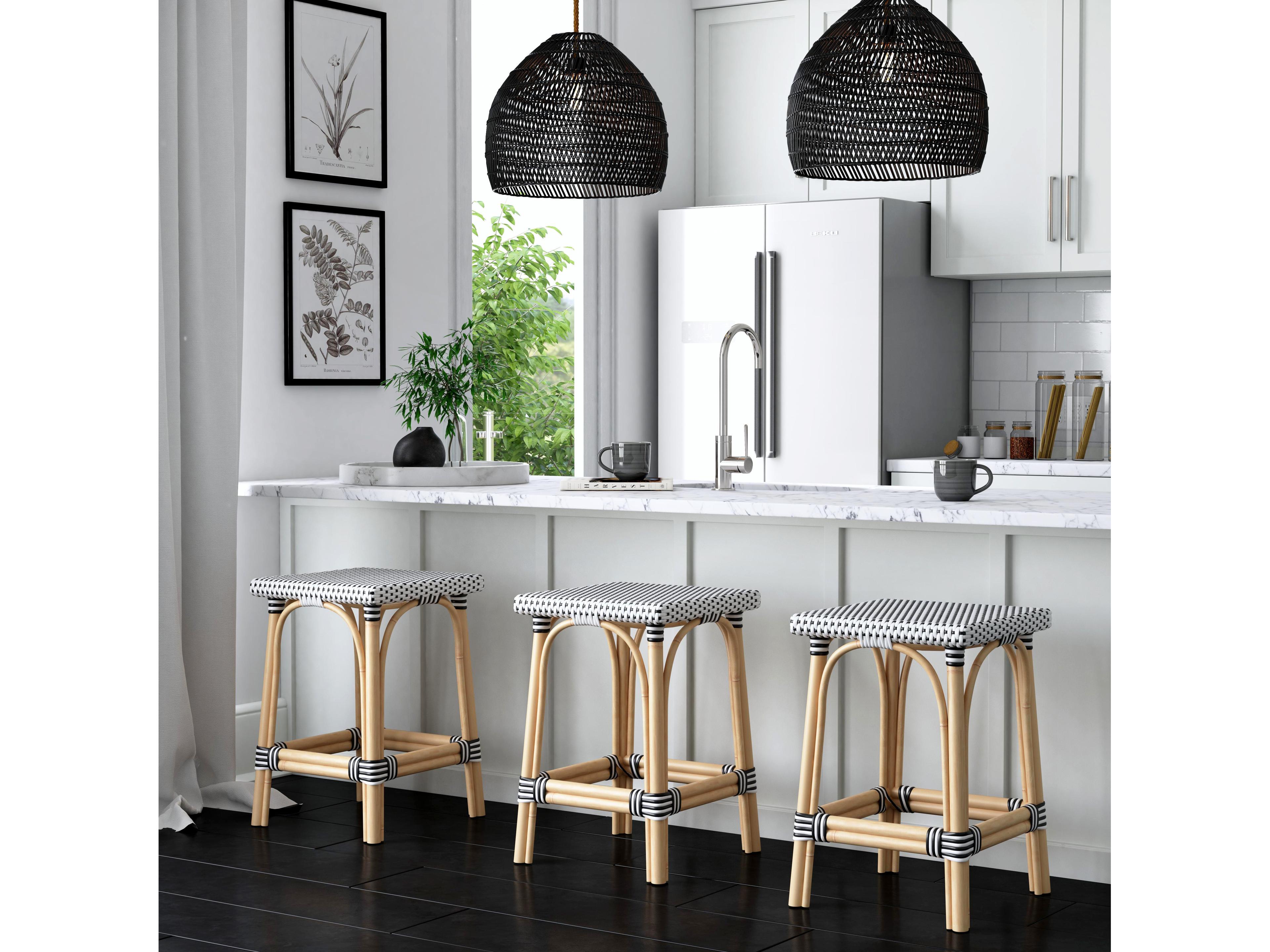 Butler Riviera White black Dot Natural Rattan Frame Black And Counter Stool