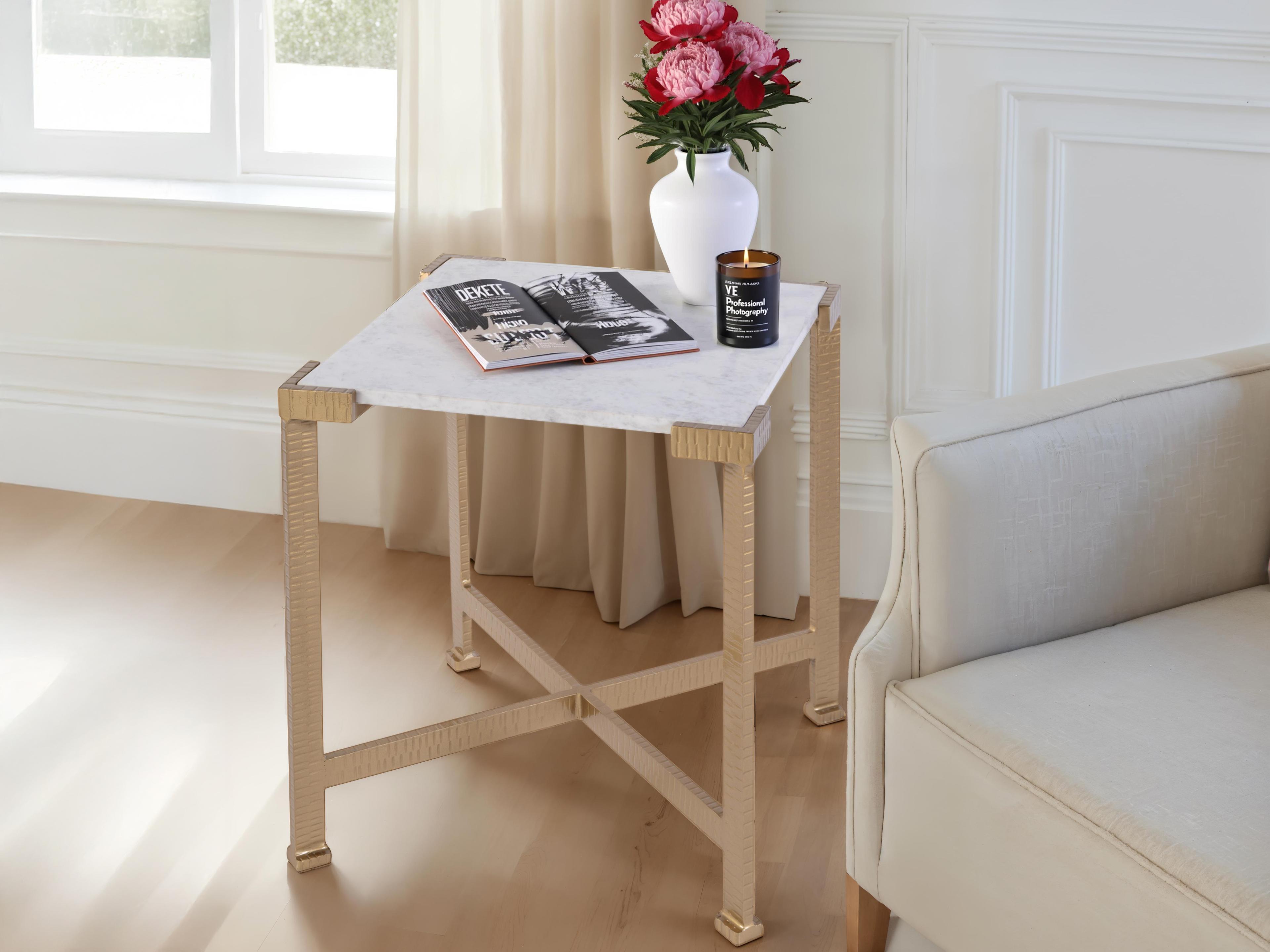 Butler Loric Square Marble White Antique Gold End Table