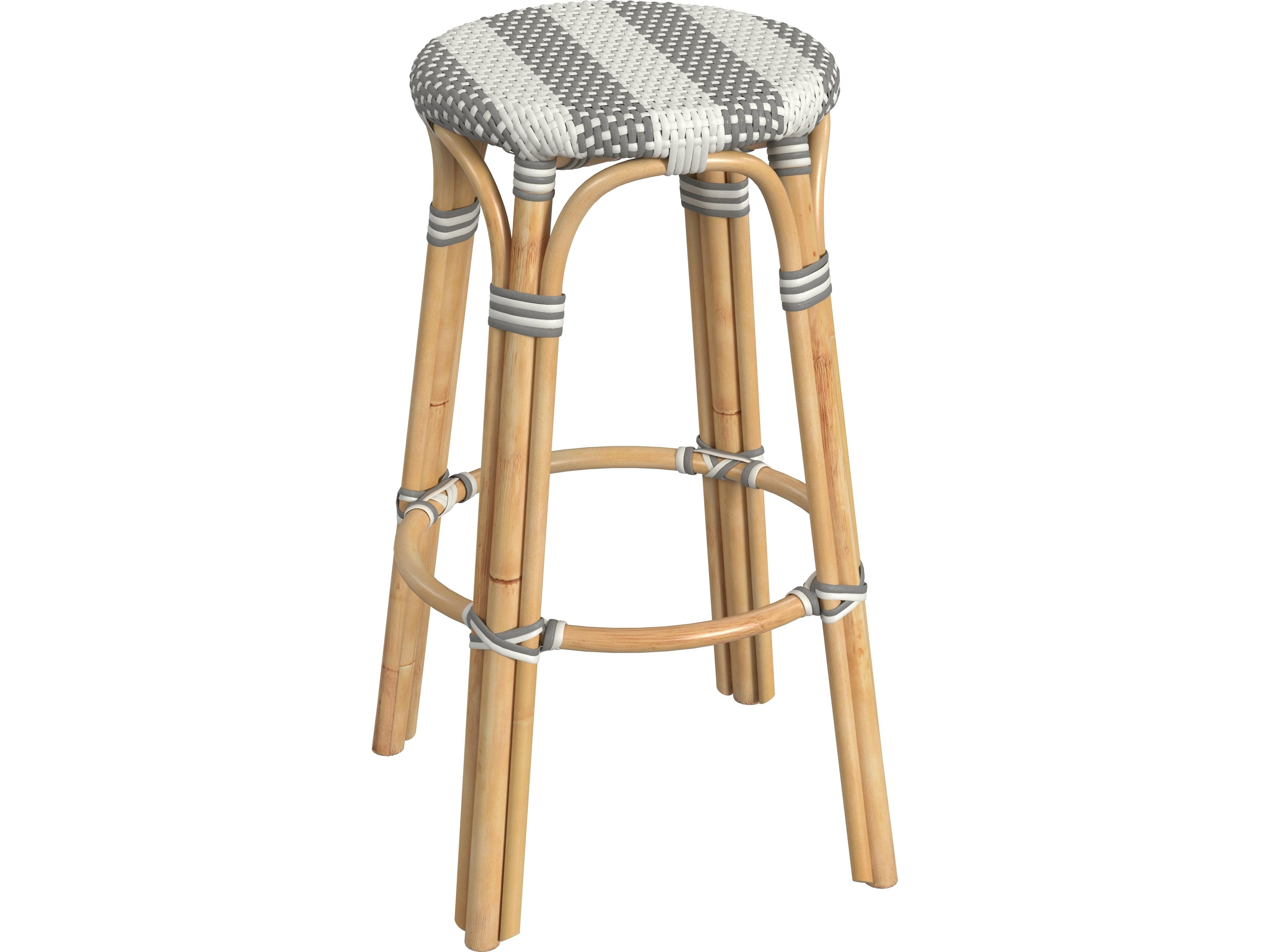 Tobias Gray white Stripe Natural Rattan Frame Bar Stool