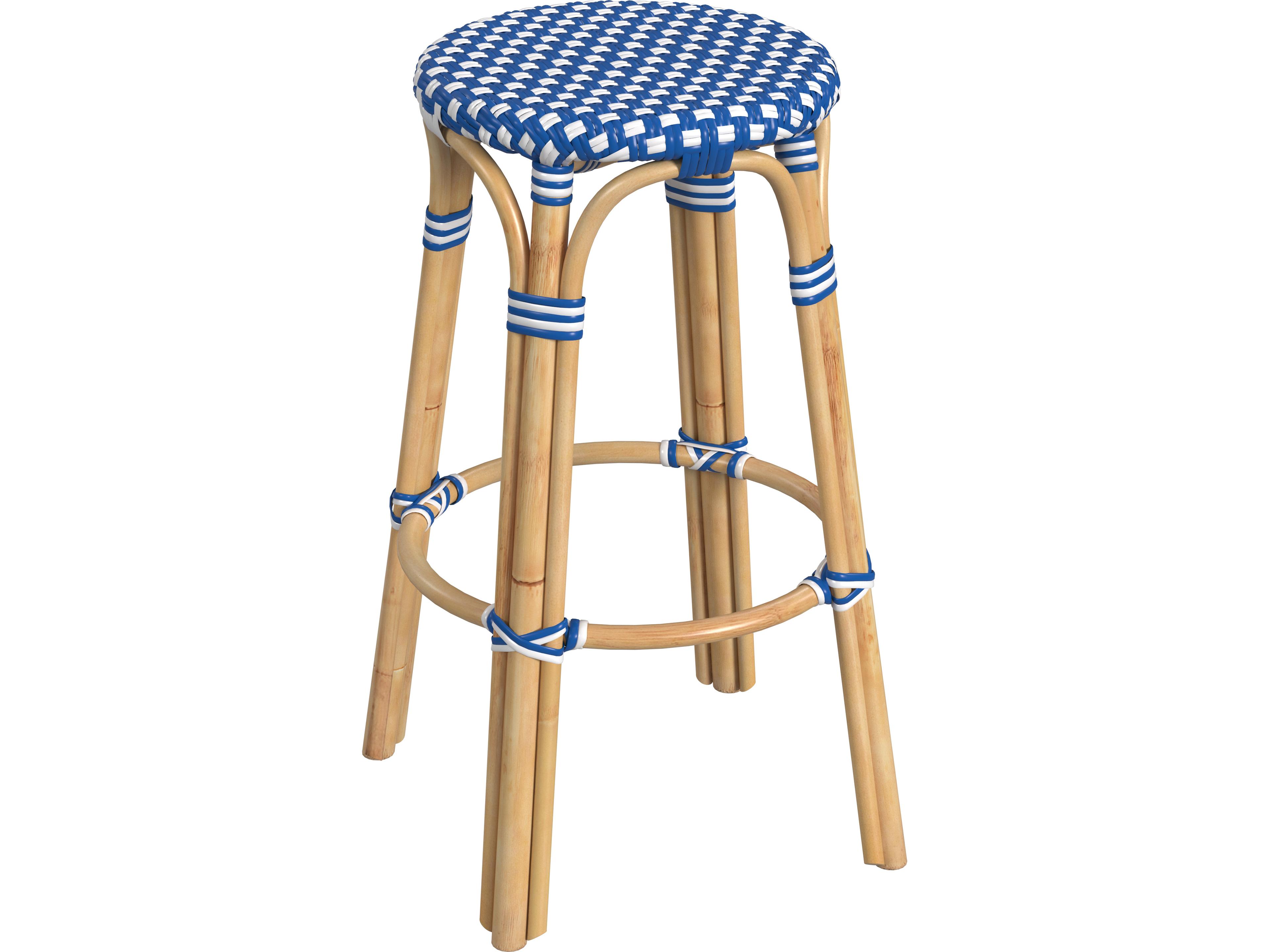 Tobias Blue white Dot Natural Rattan Frame Bar Stool