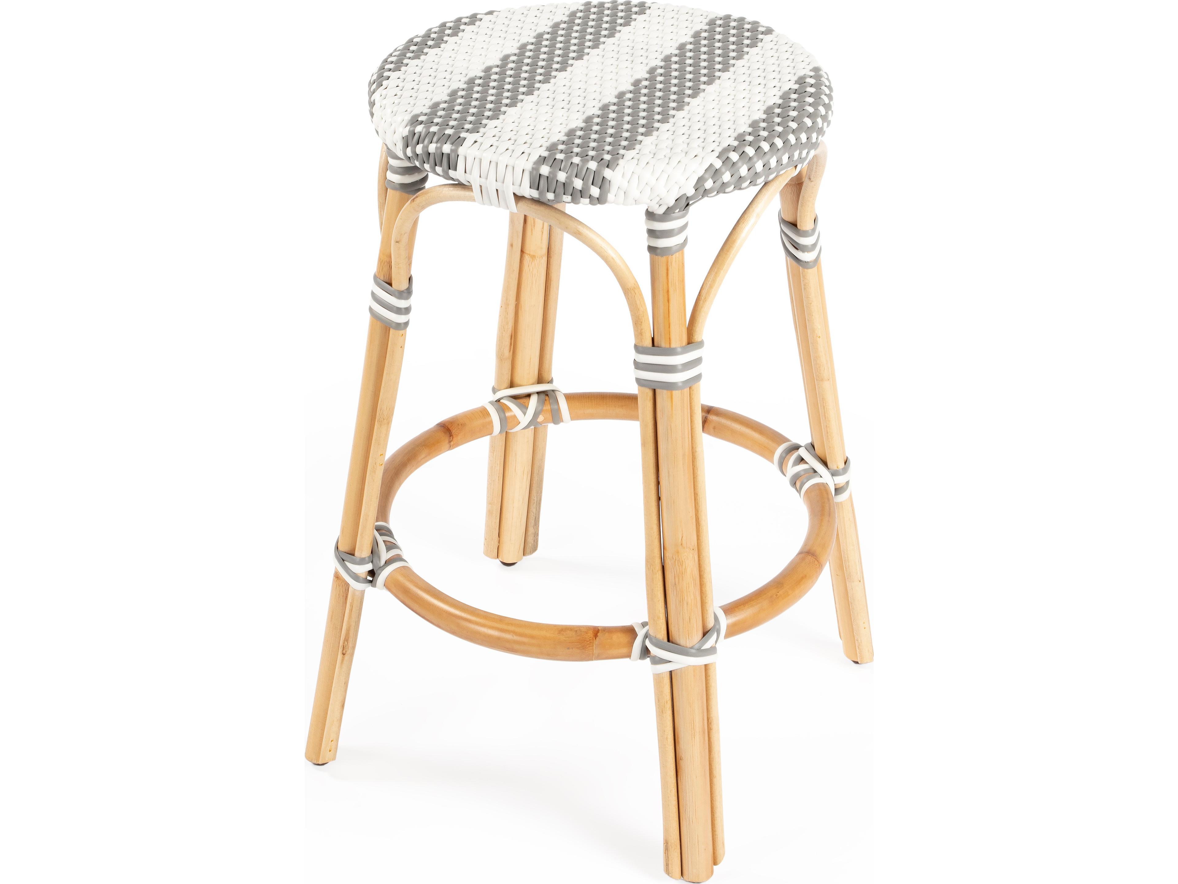 Tobias Gray white Stripe Natural Rattan Frame Counter Stool