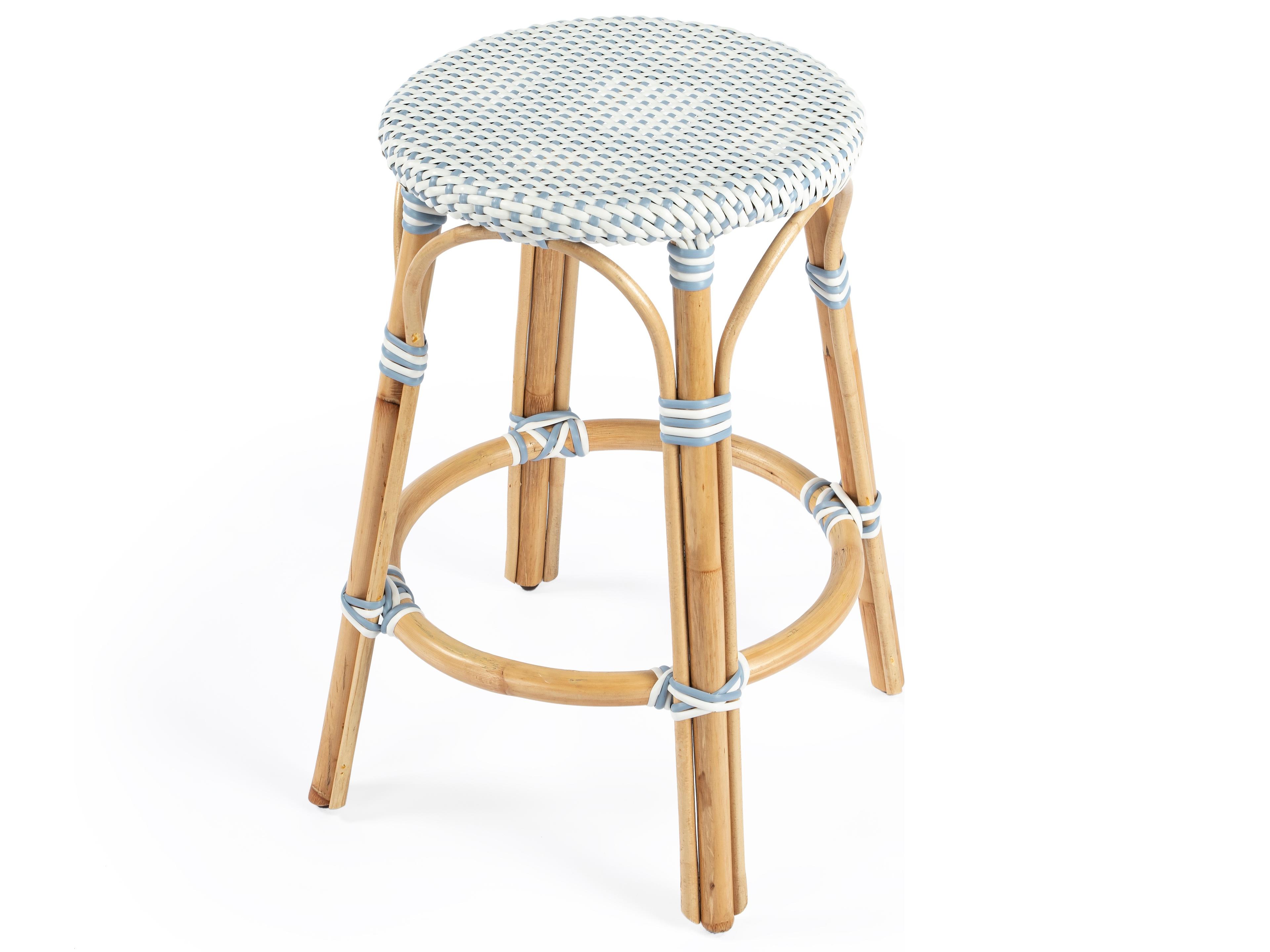 Specialty Tobias Backless Counter Stool in Twilight Blue and White Rattan