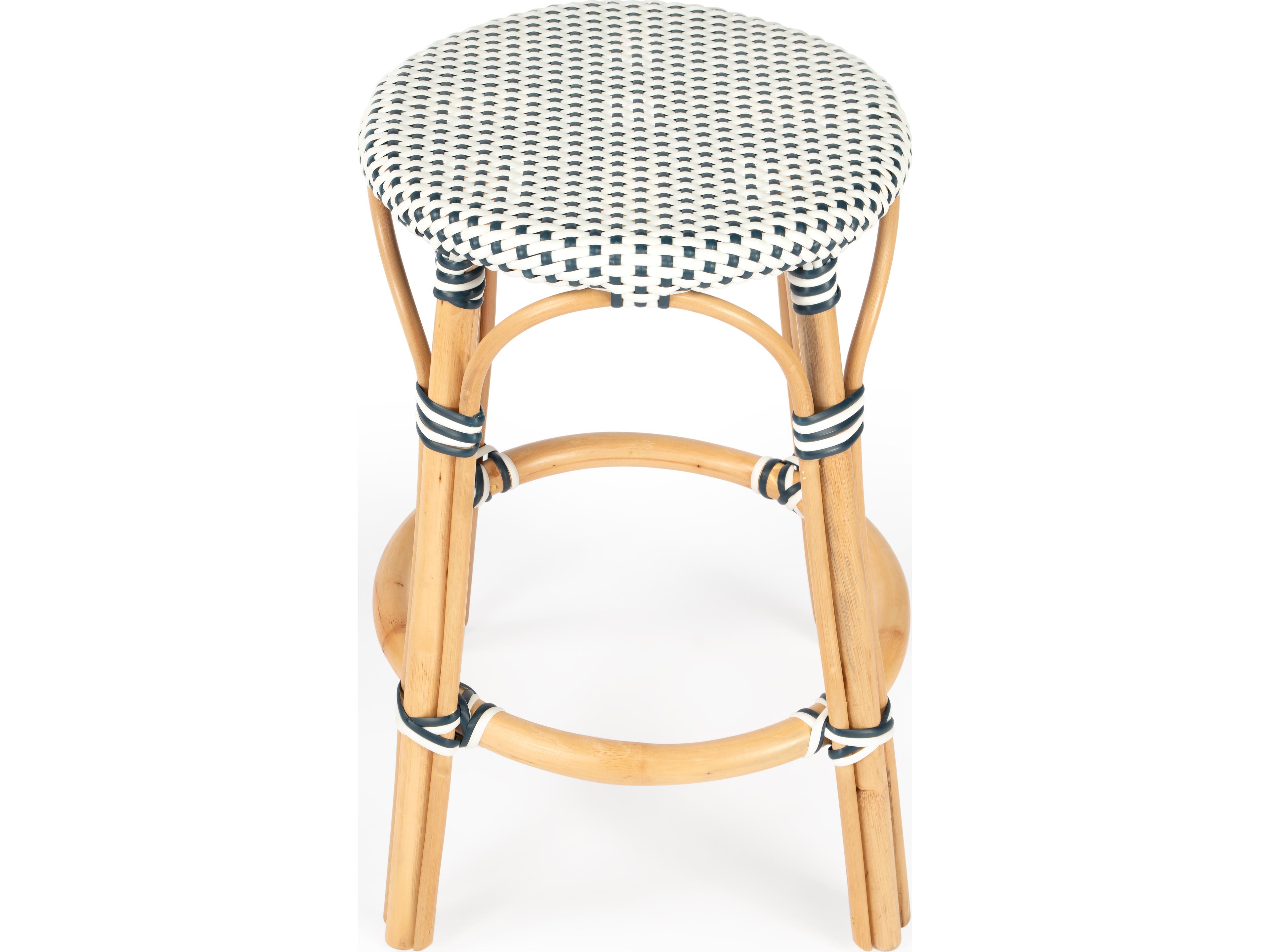 Butler Tobias White navy Dot Natural Rattan Frame Counter Stool