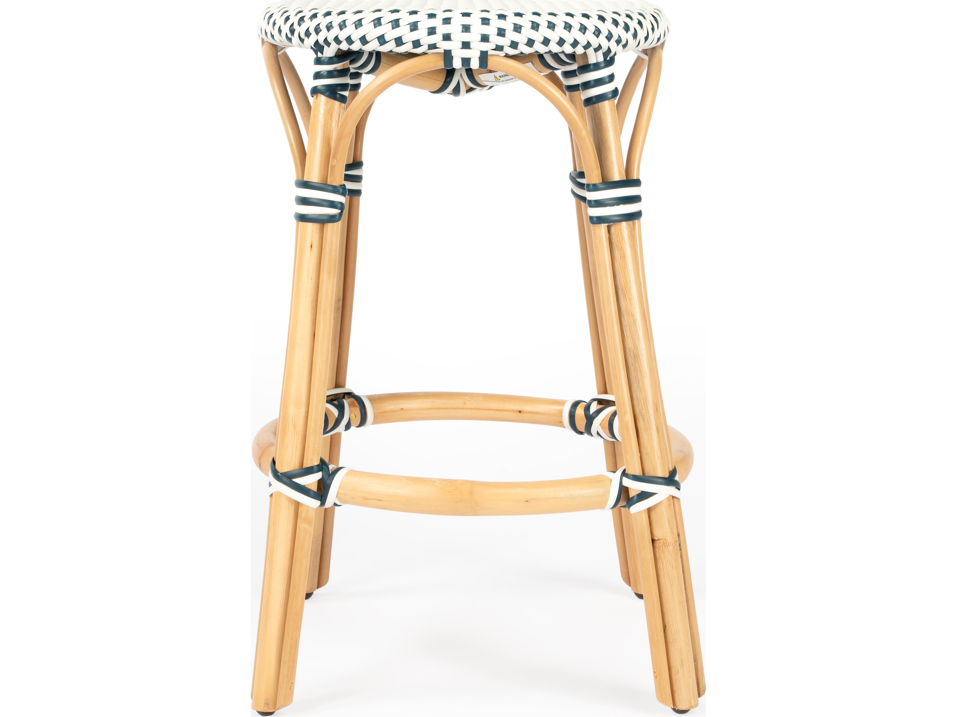 Butler Tobias White navy Dot Natural Rattan Frame Counter Stool