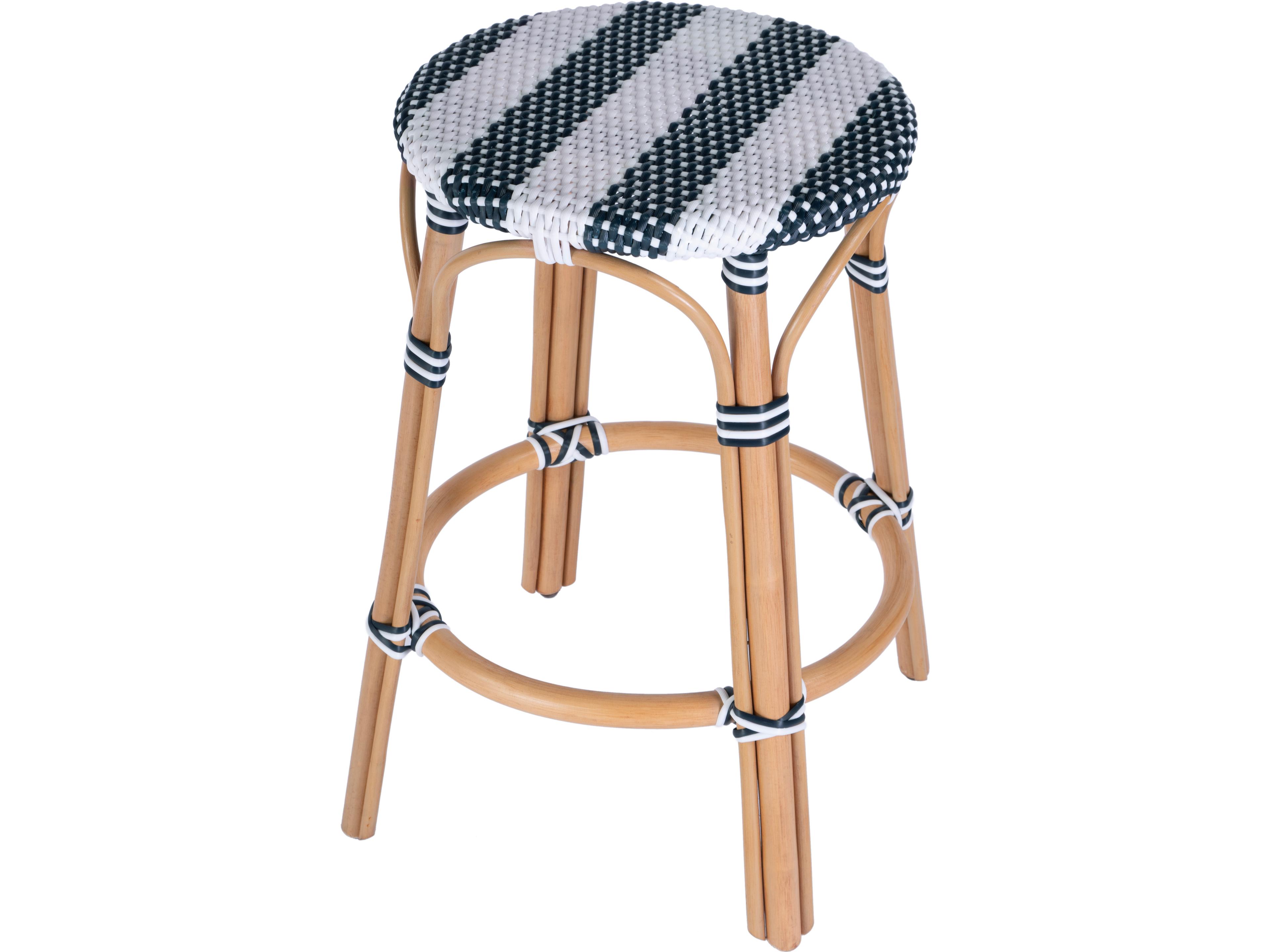 Tobias White navy Stripe Natural Rattan Frame Counter Stool