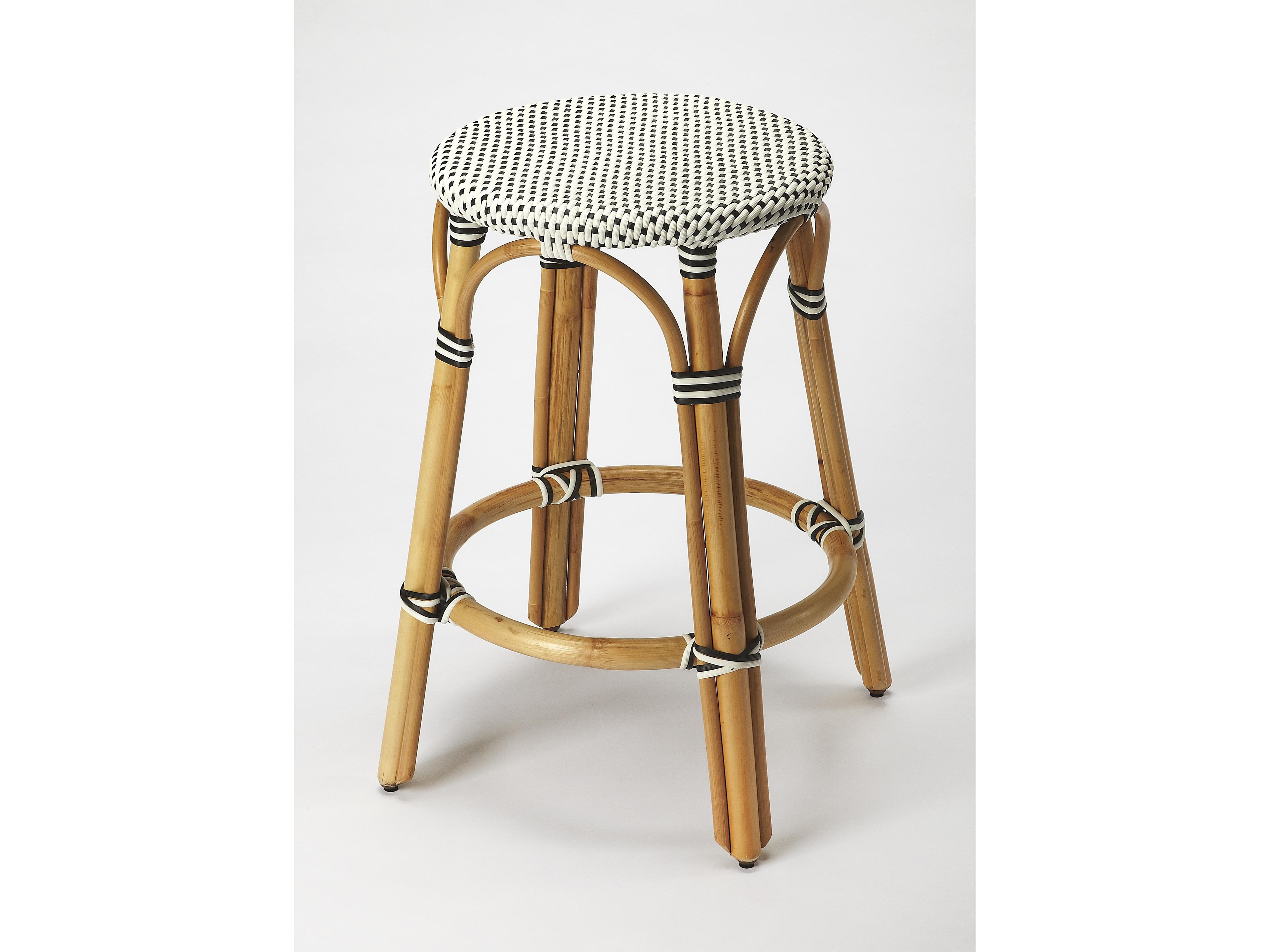 Tobias White black Dot Natural Rattan Frame Counter Stool