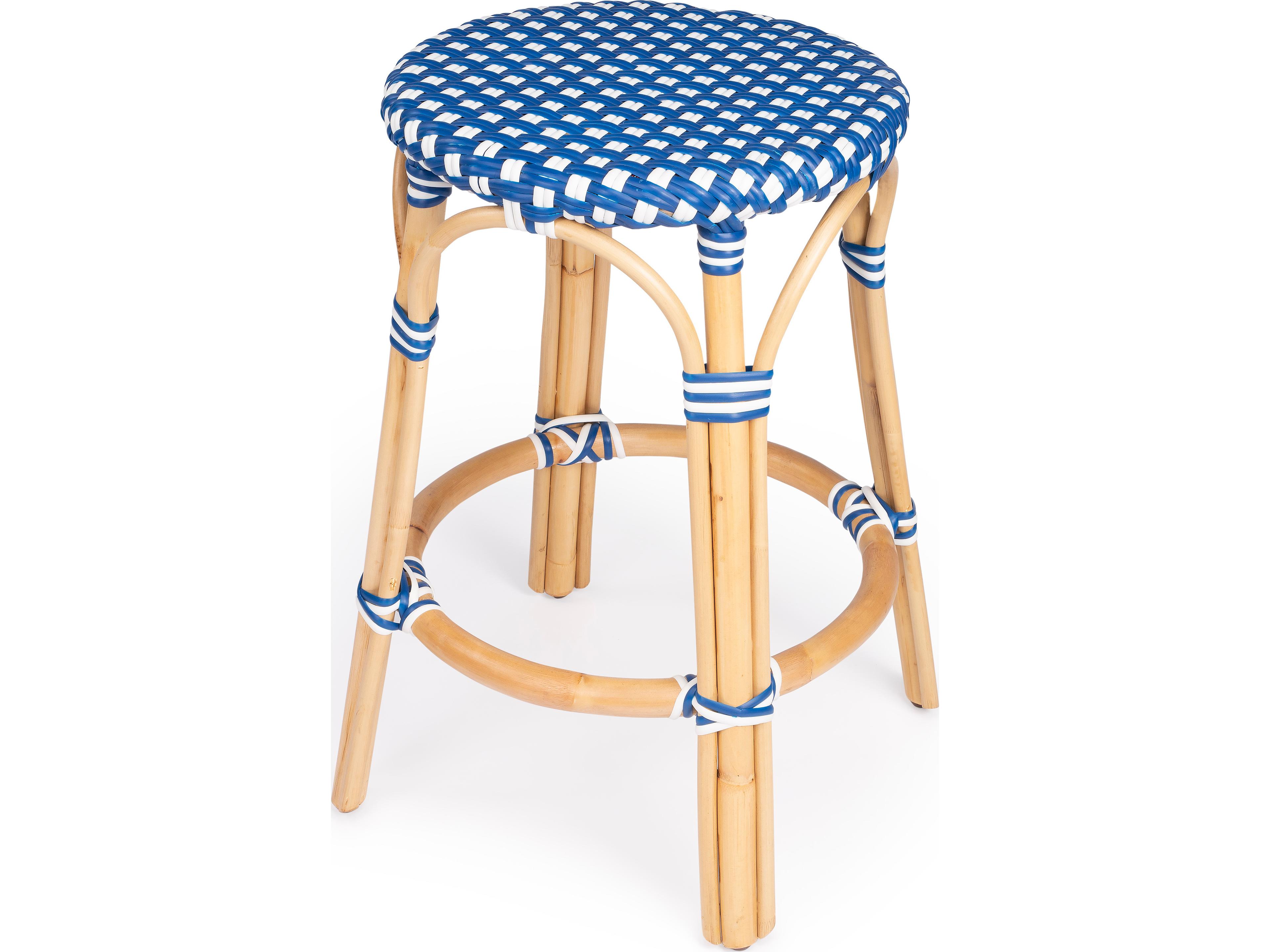 Tobias Blue white Dot Natural Rattan Frame Counter Stool