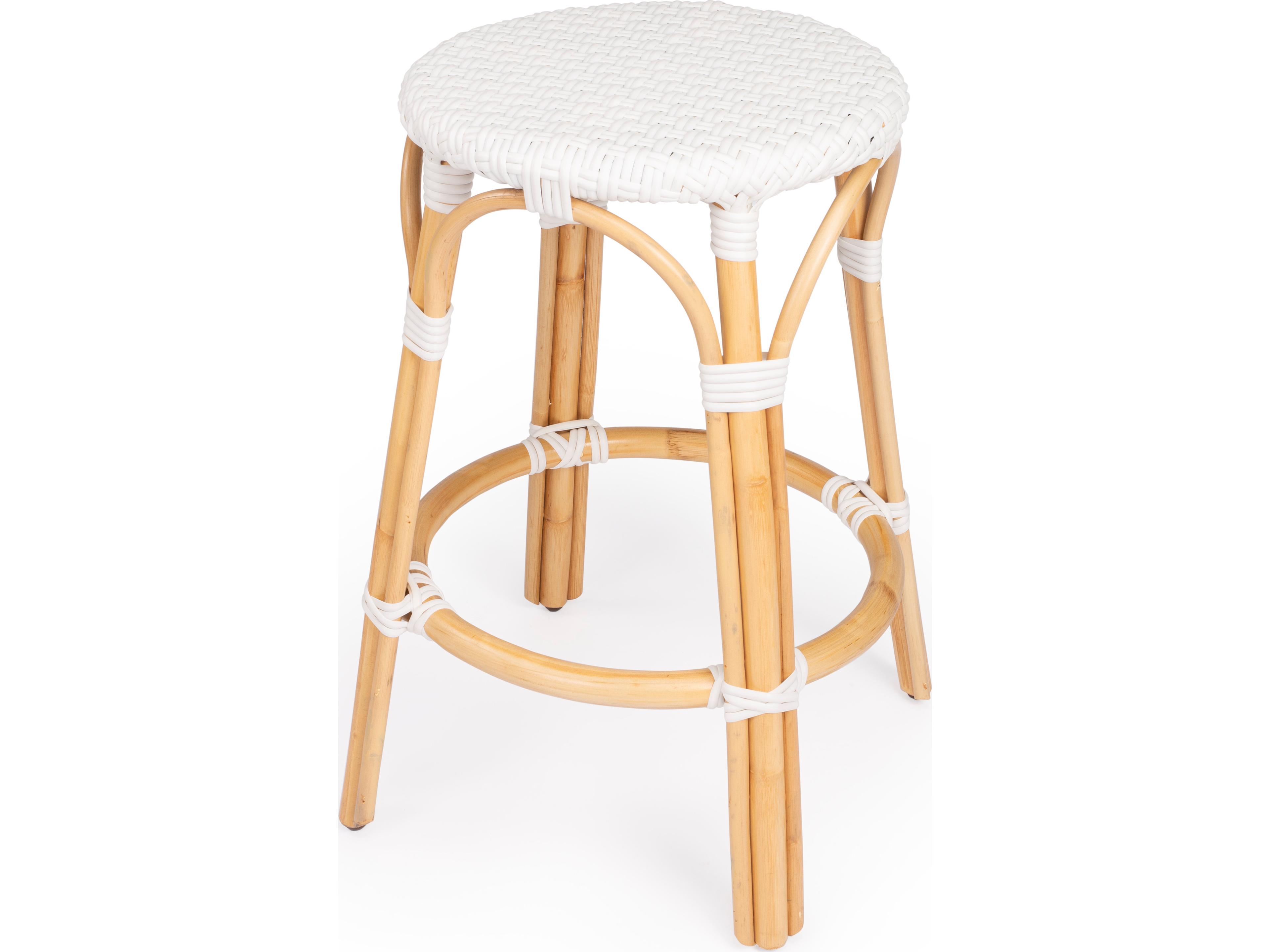 Tobias Backless Counter Stool in Glossy White and Natural Rattan
