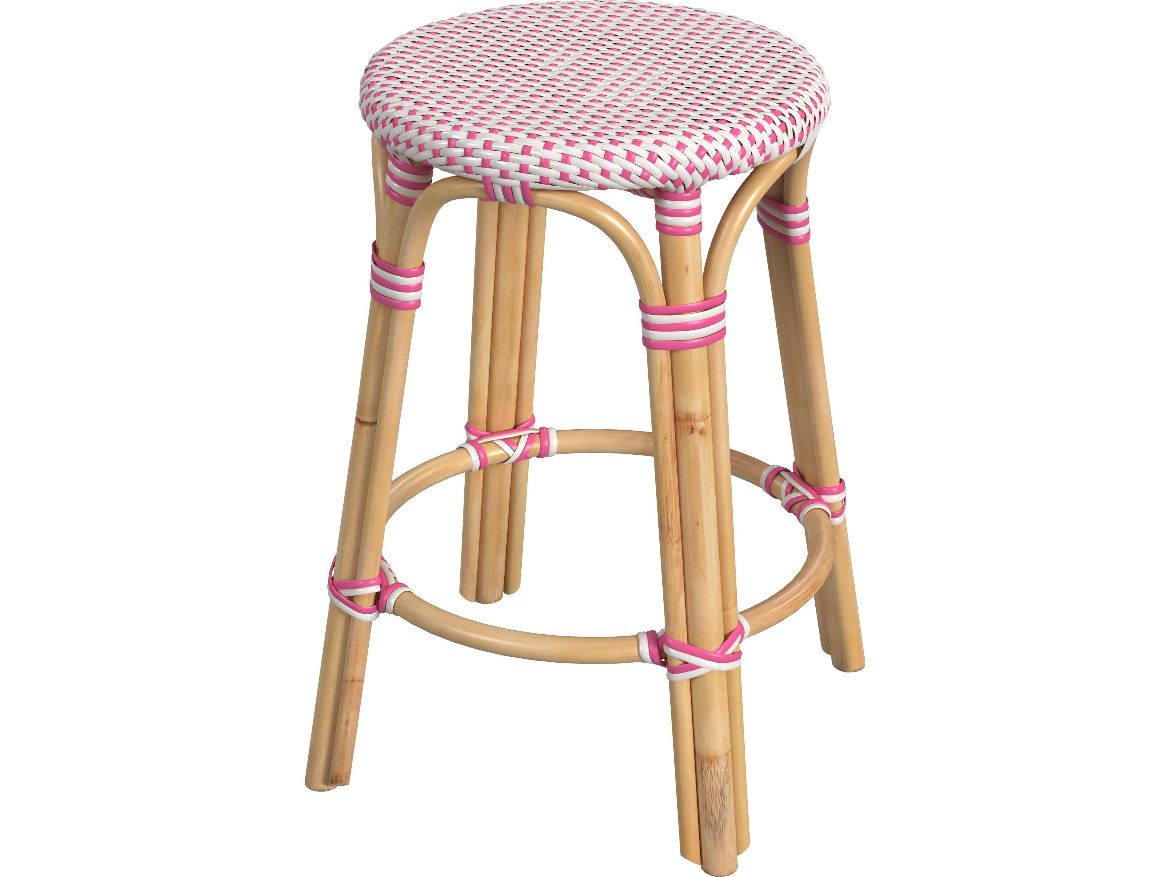 Tobias White pink Dot Natural Rattan Frame Counter Stool