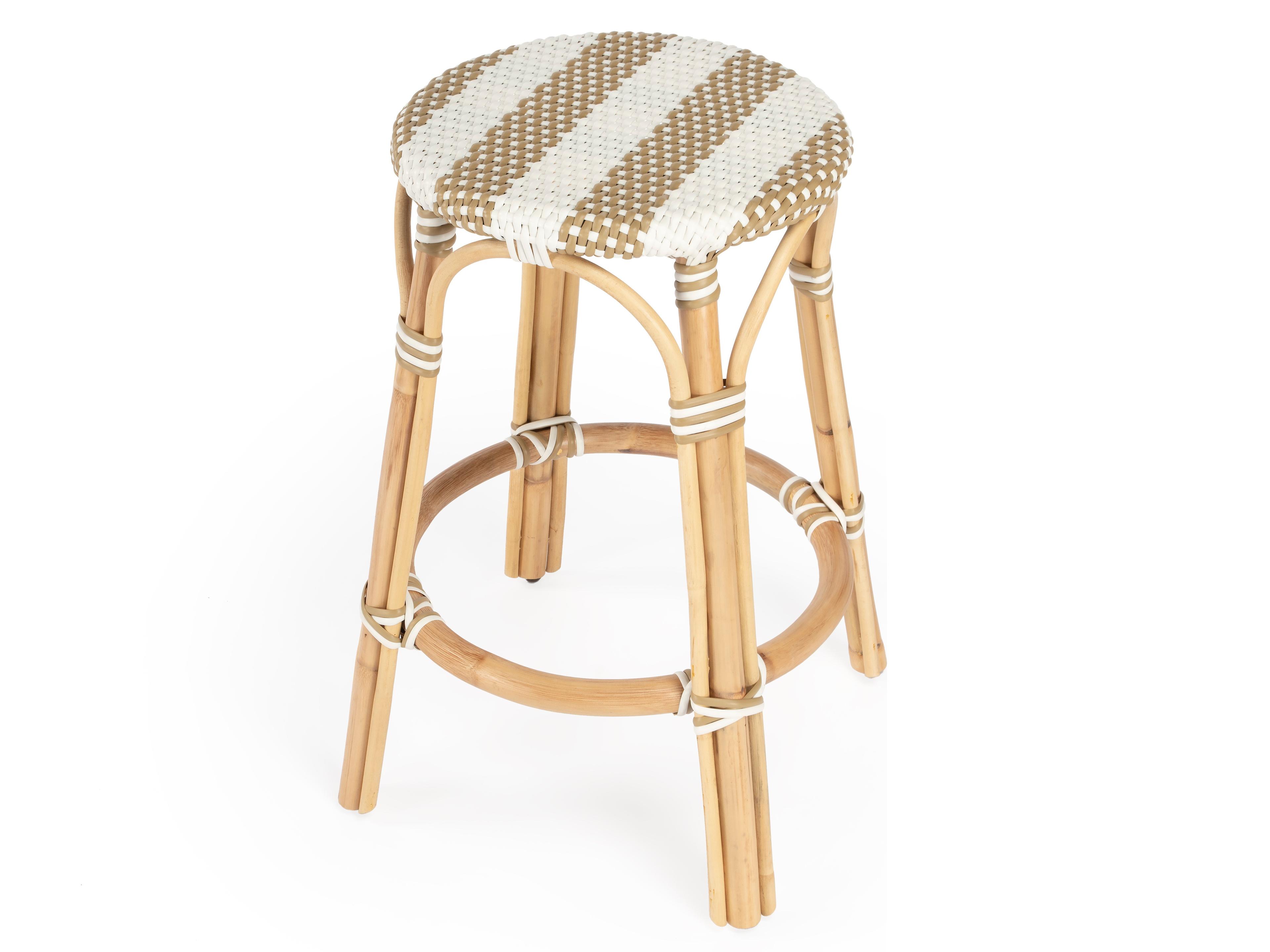 Tobias Tan white Stripe Natural Rattan Frame Counter Stool