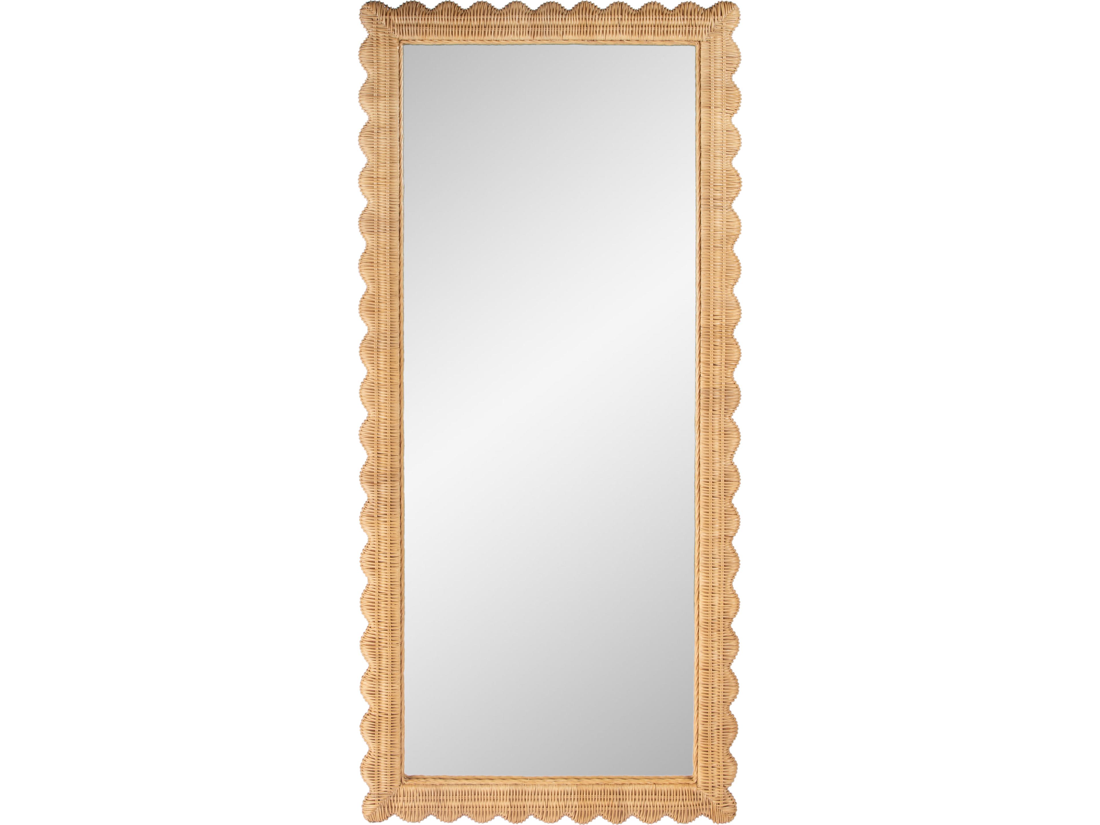 Flora Rectangular Floor Mirror with Scalloped Rattan Frame in Light Brown