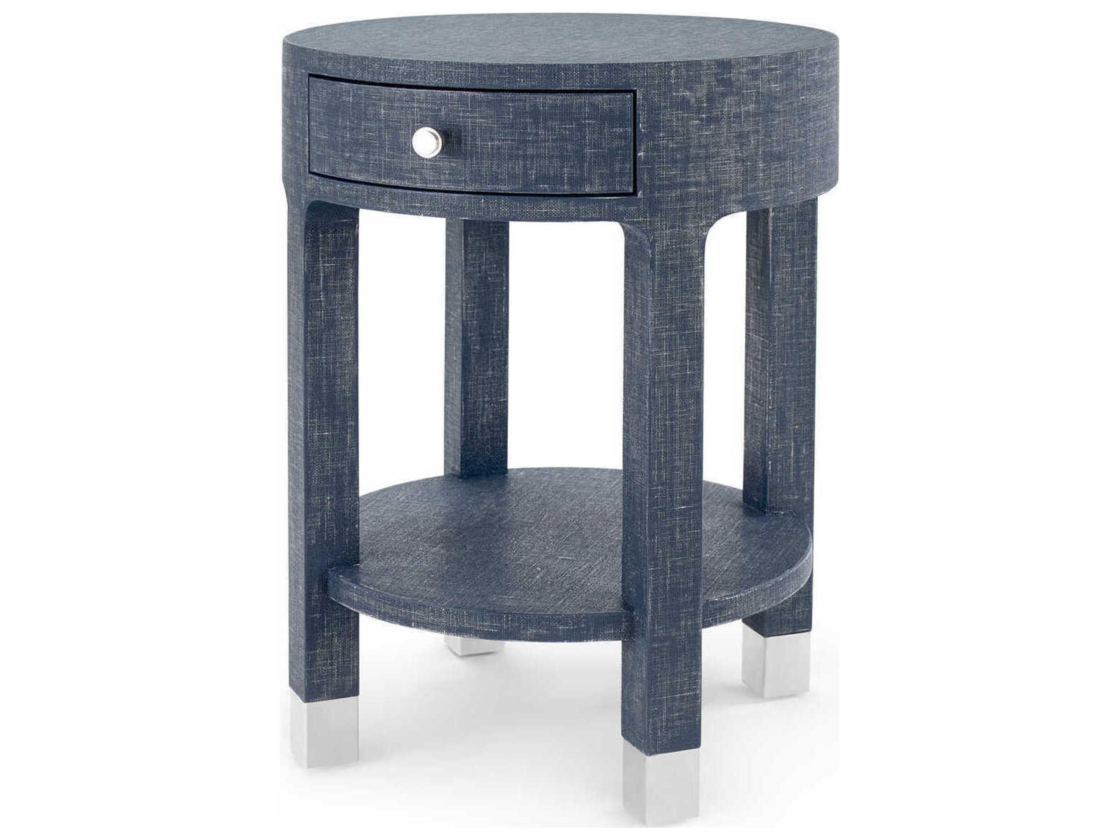 Round Wood Washed Blue Steel End Table