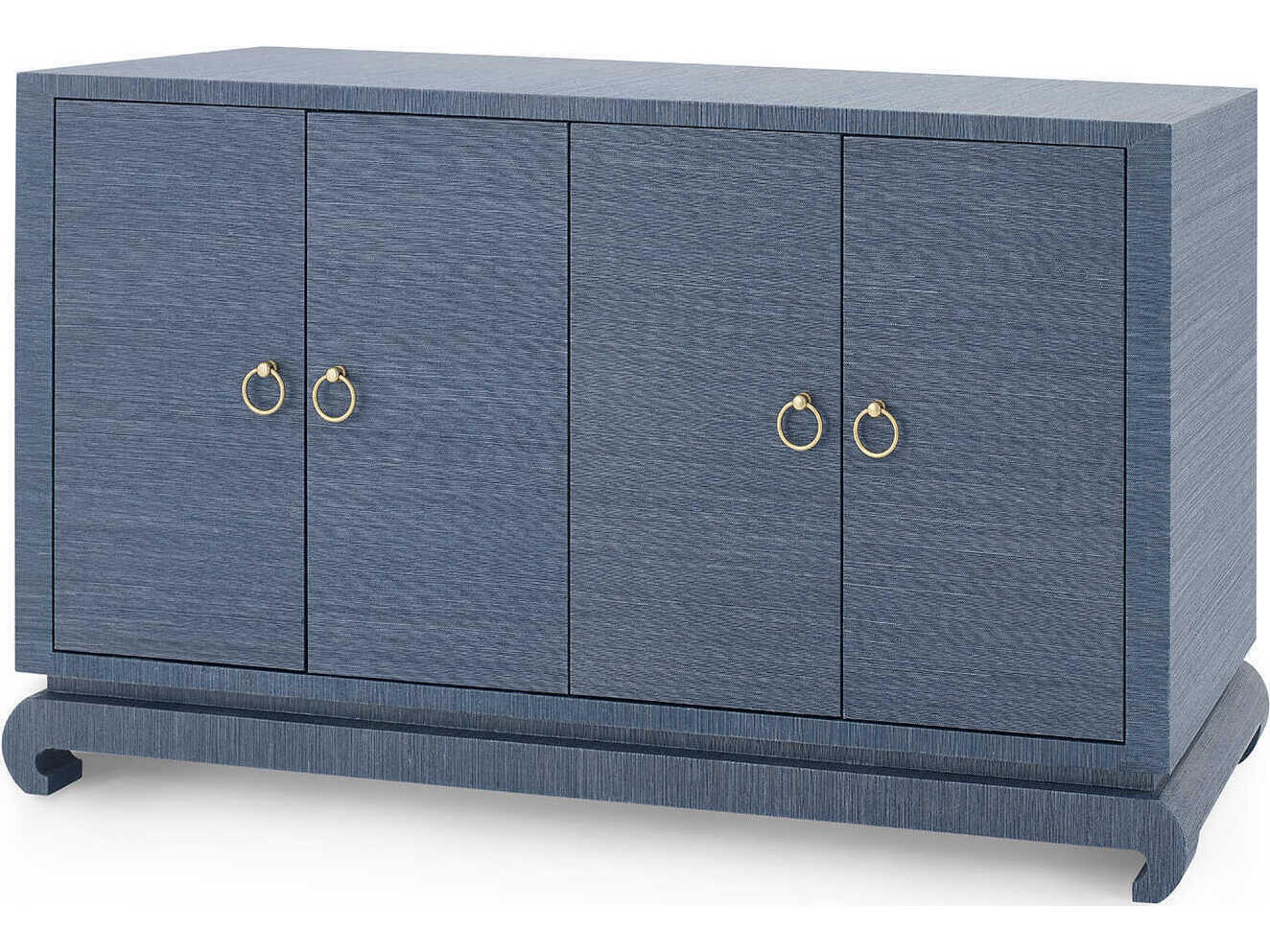 Villa and House Meredith 4-Door Lacquered Grasscloth Cabinet in Navy Blue