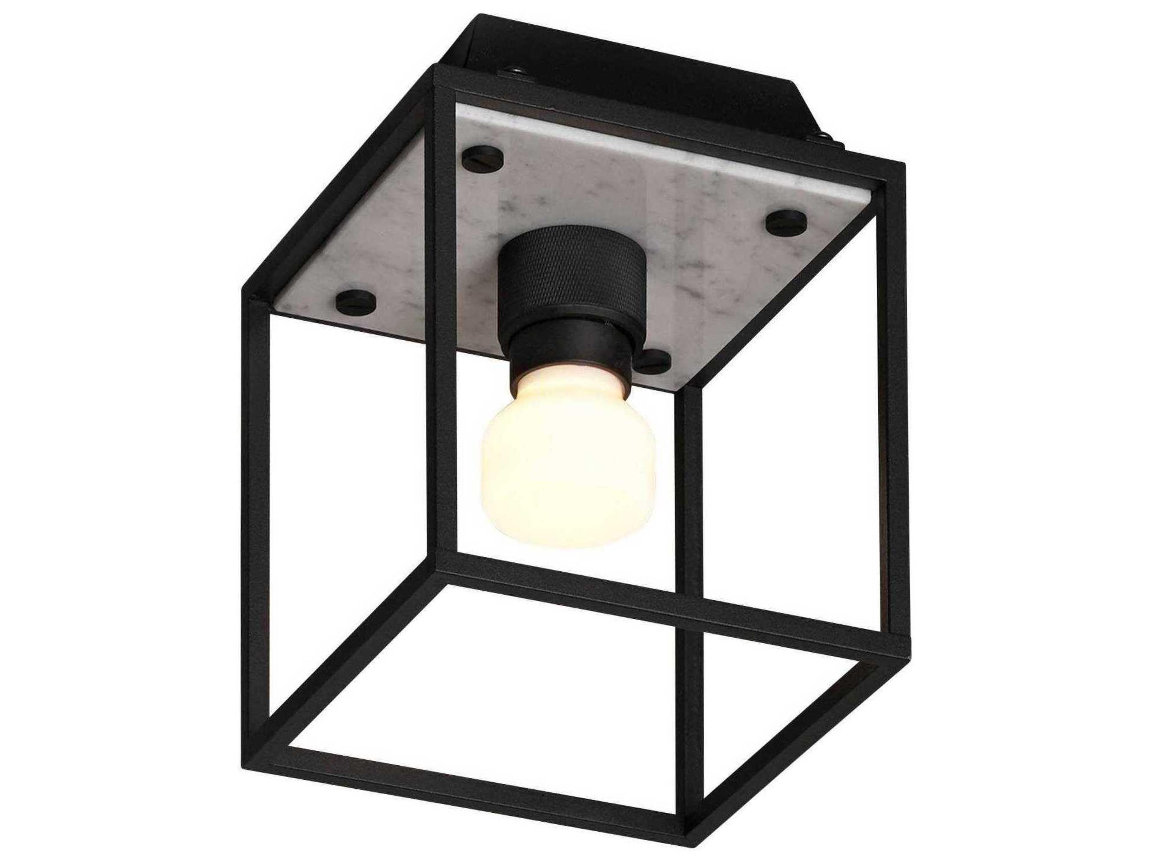 Caged 1-Light White Marble Black Flush Mount