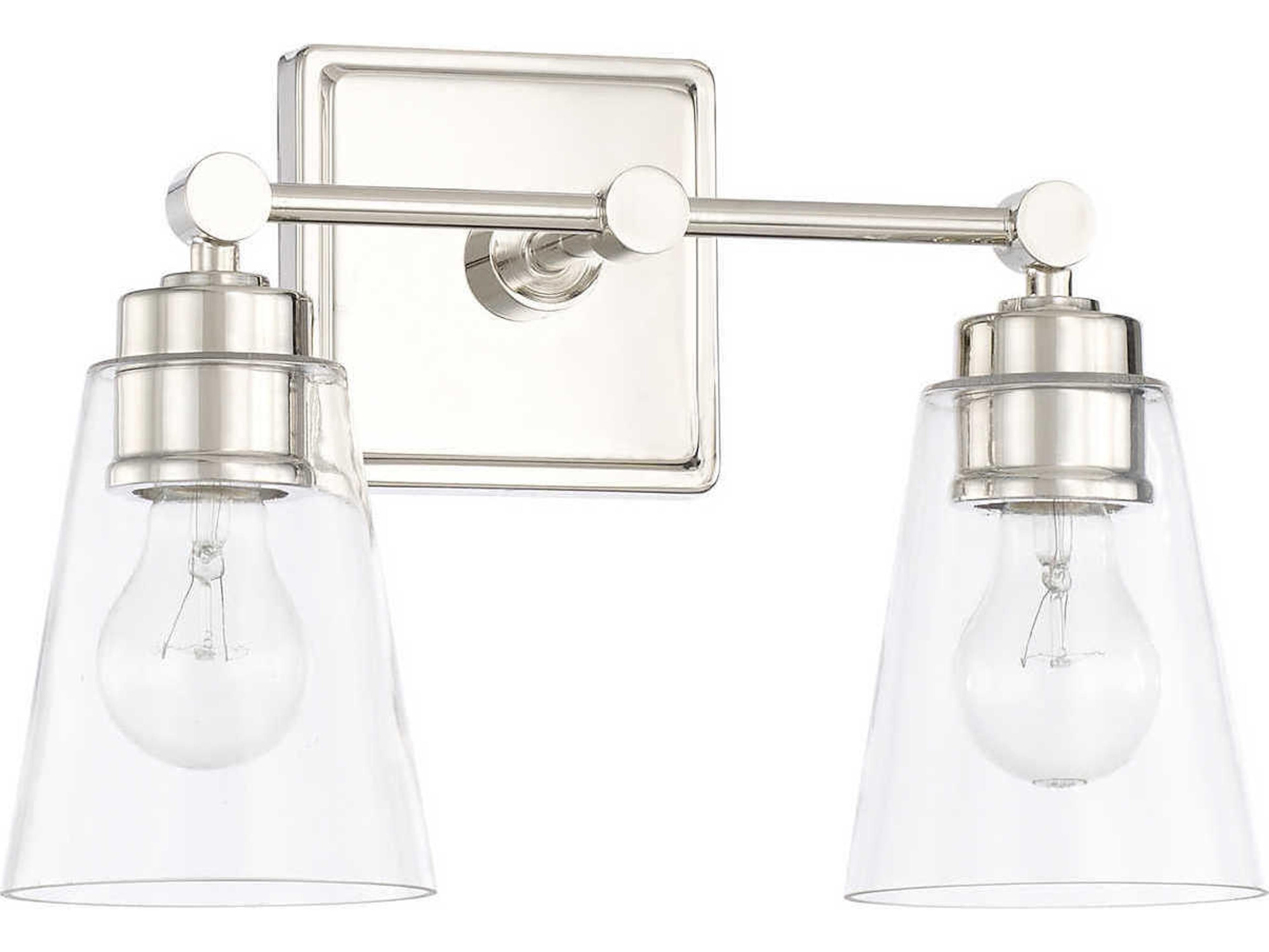 2-Light Polished Nickel Glass Vanity Light