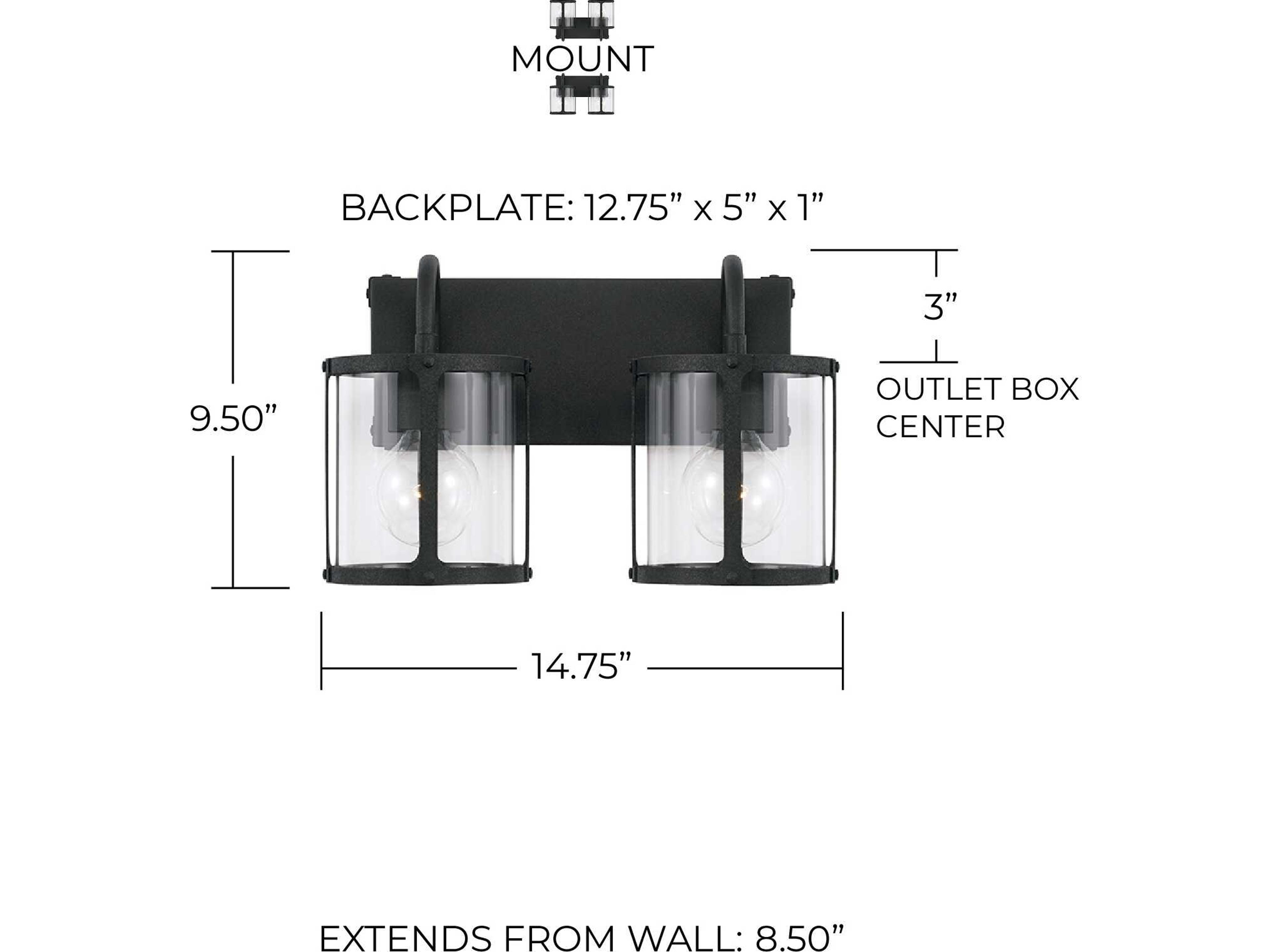Capital Lighting Brennen 2-Light Black Iron Glass Vanity Light