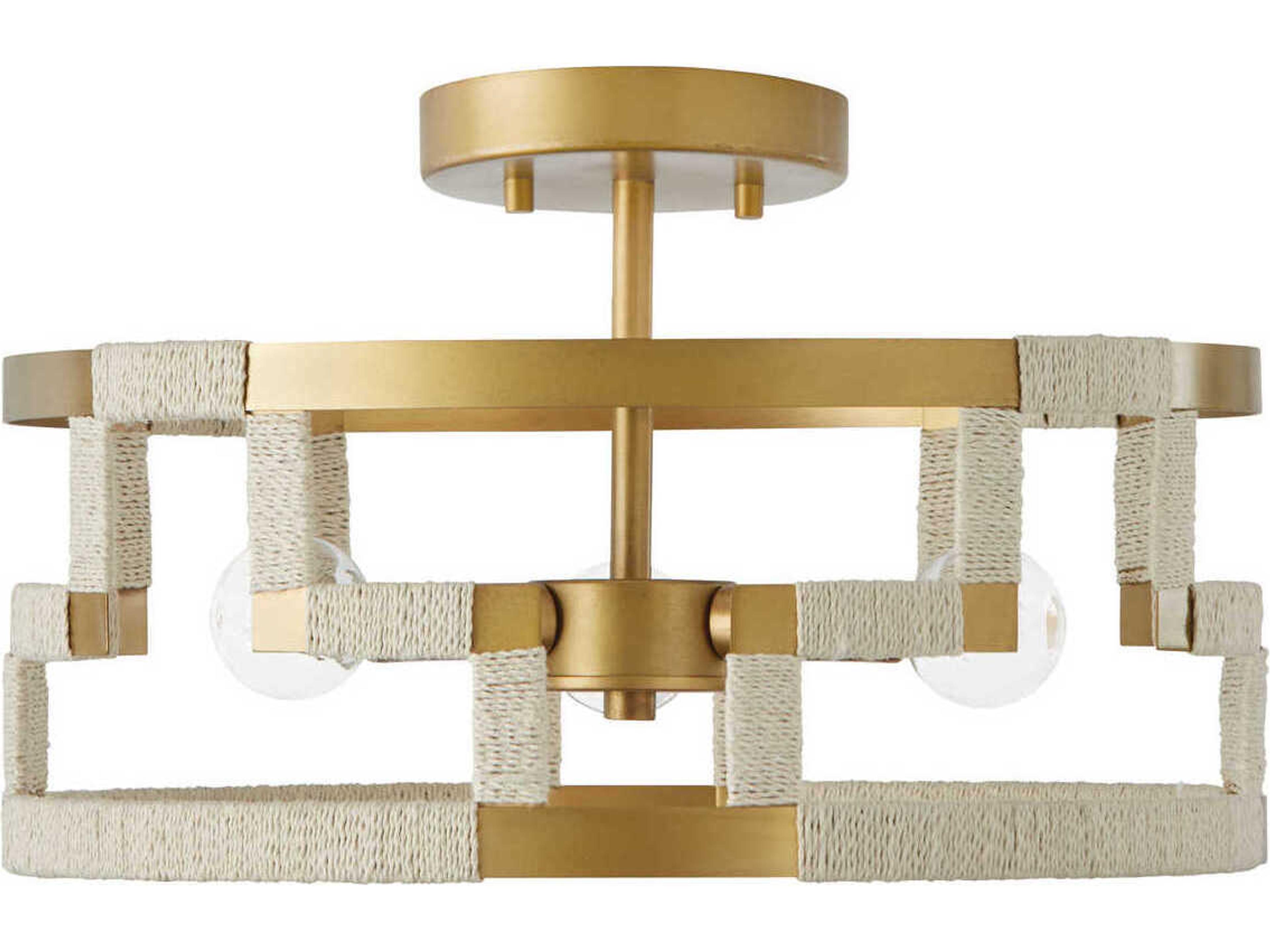 Hala 3-Light Bleached Natural Jute Patinaed Brass Semi Flush Mount