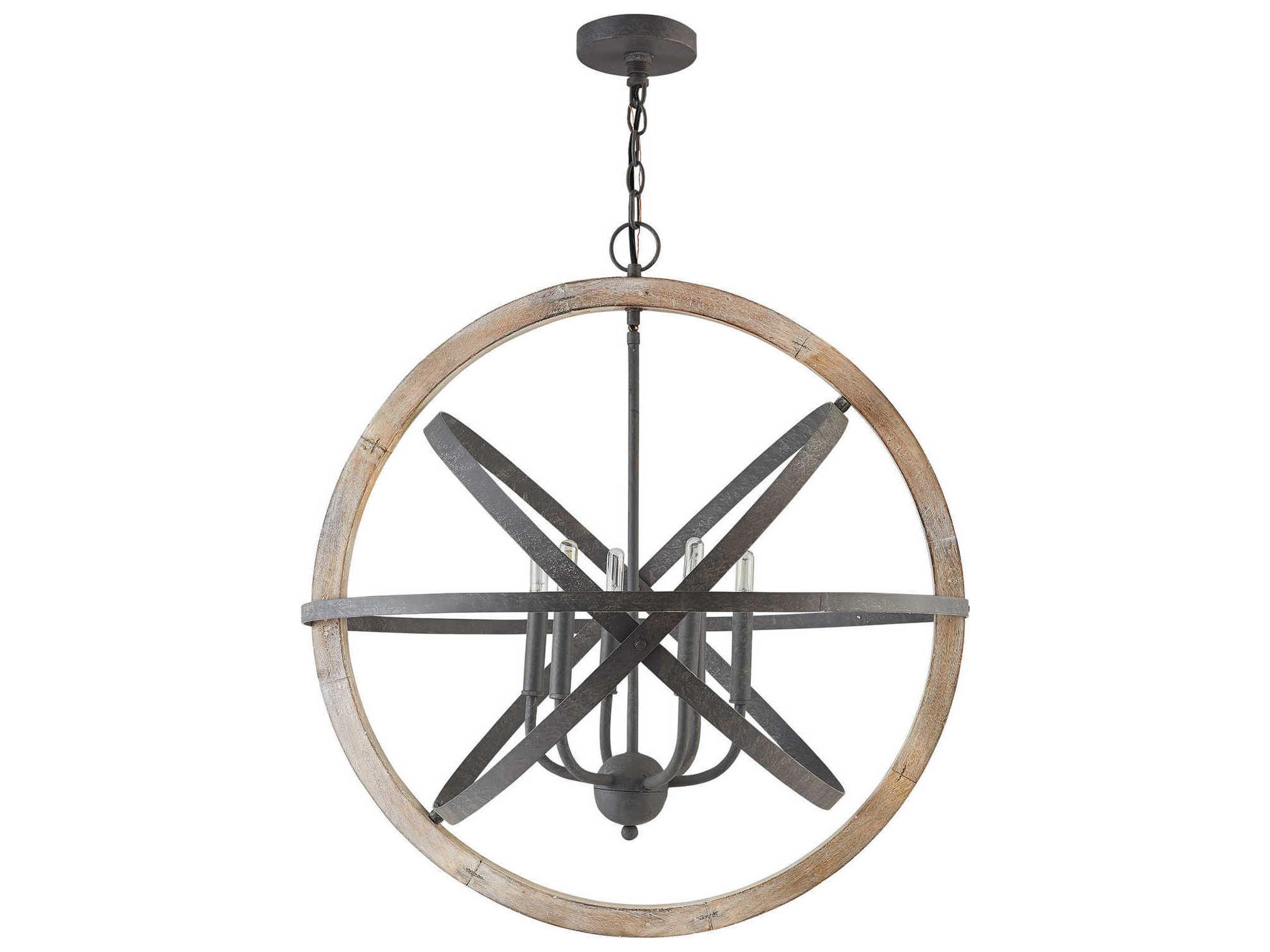 6-Light Iron And Wood Black Globe Round Chandelier
