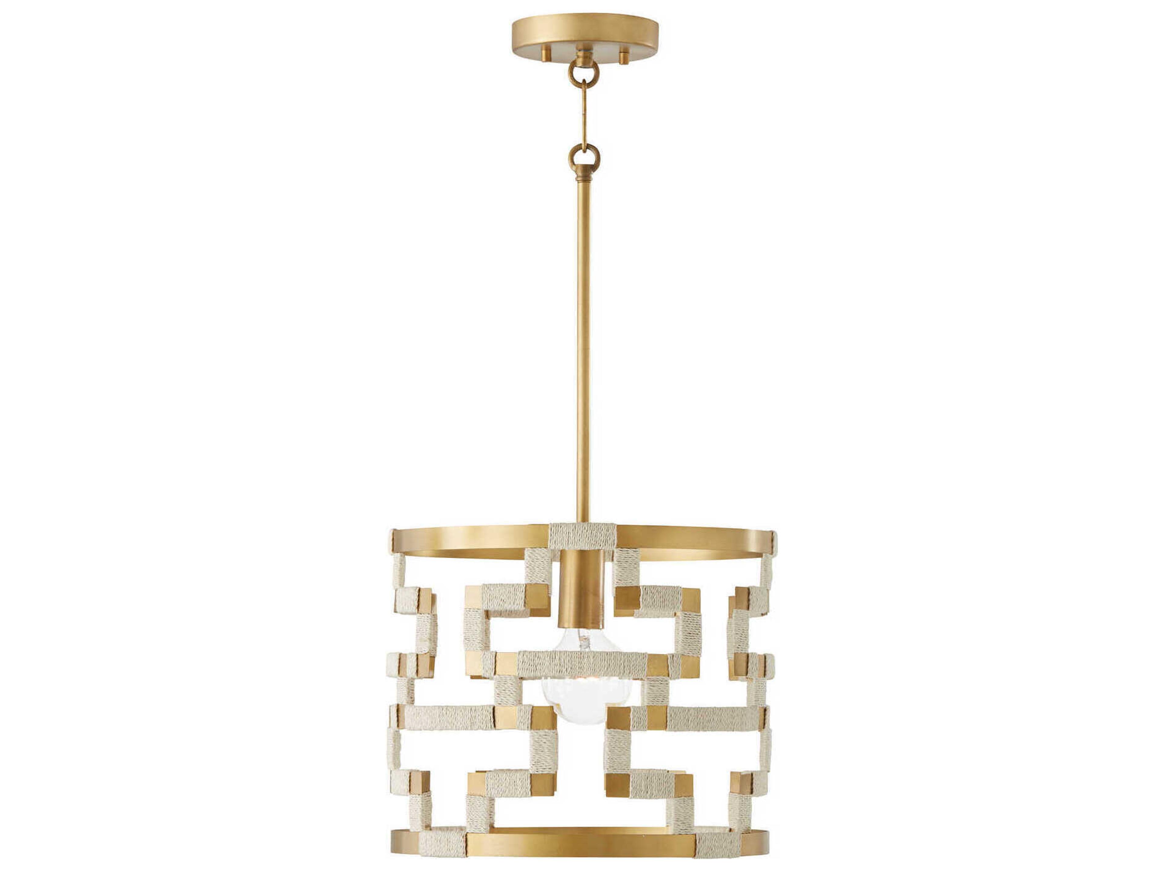 Hala 1-Light Bleached Natural Jute Patinaed Brass Drum Pendant