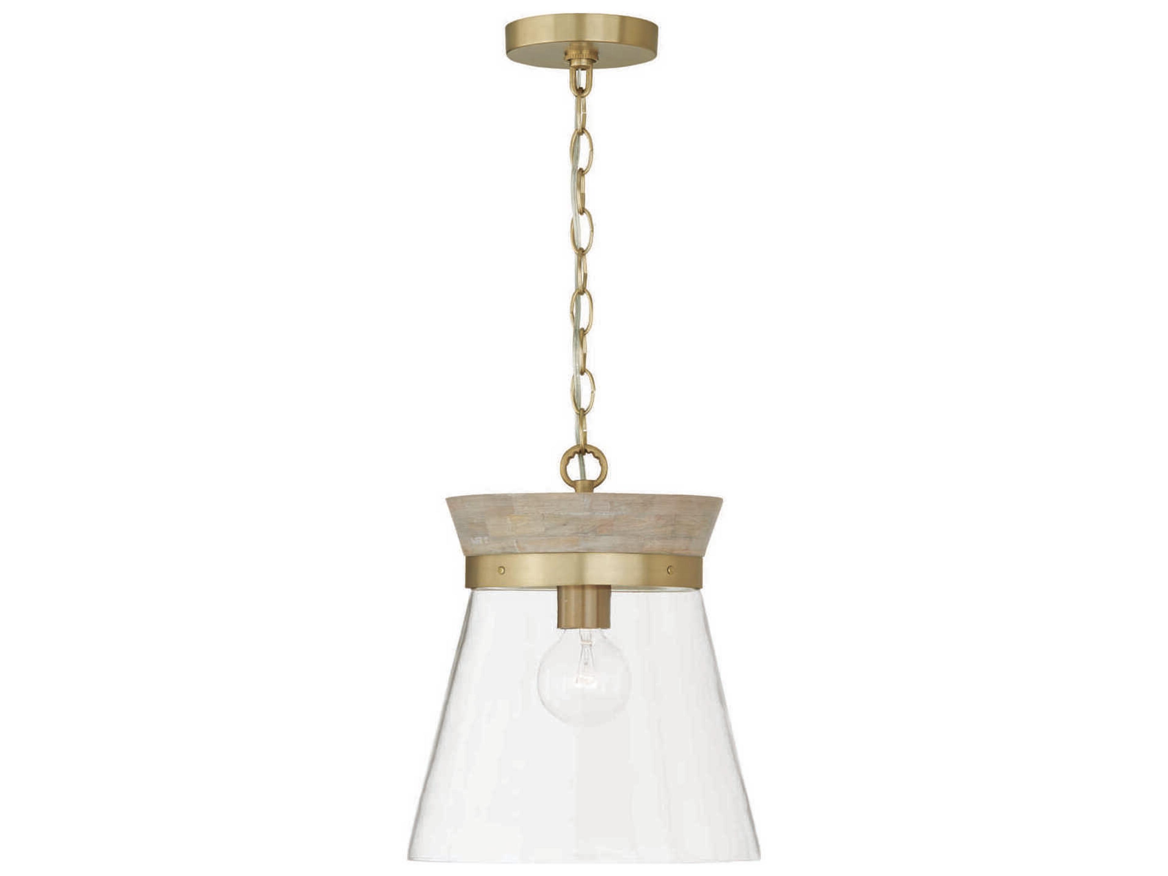Finn 1-Light White Wash Matte Brass Wood Glass Empire Mini Pendant
