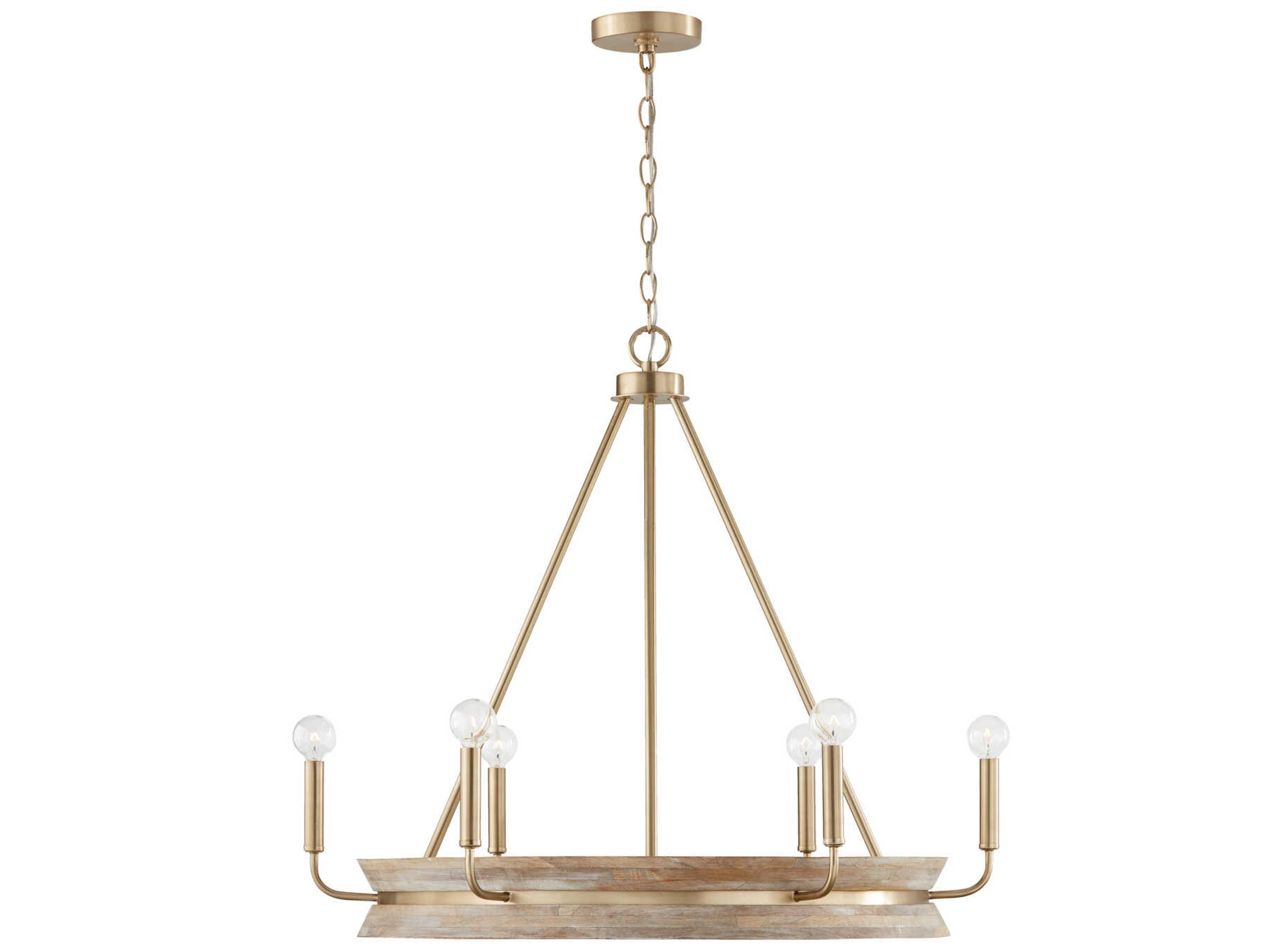 Finn 6-Light White Wash Matte Brass Wood Candelabra Chandelier