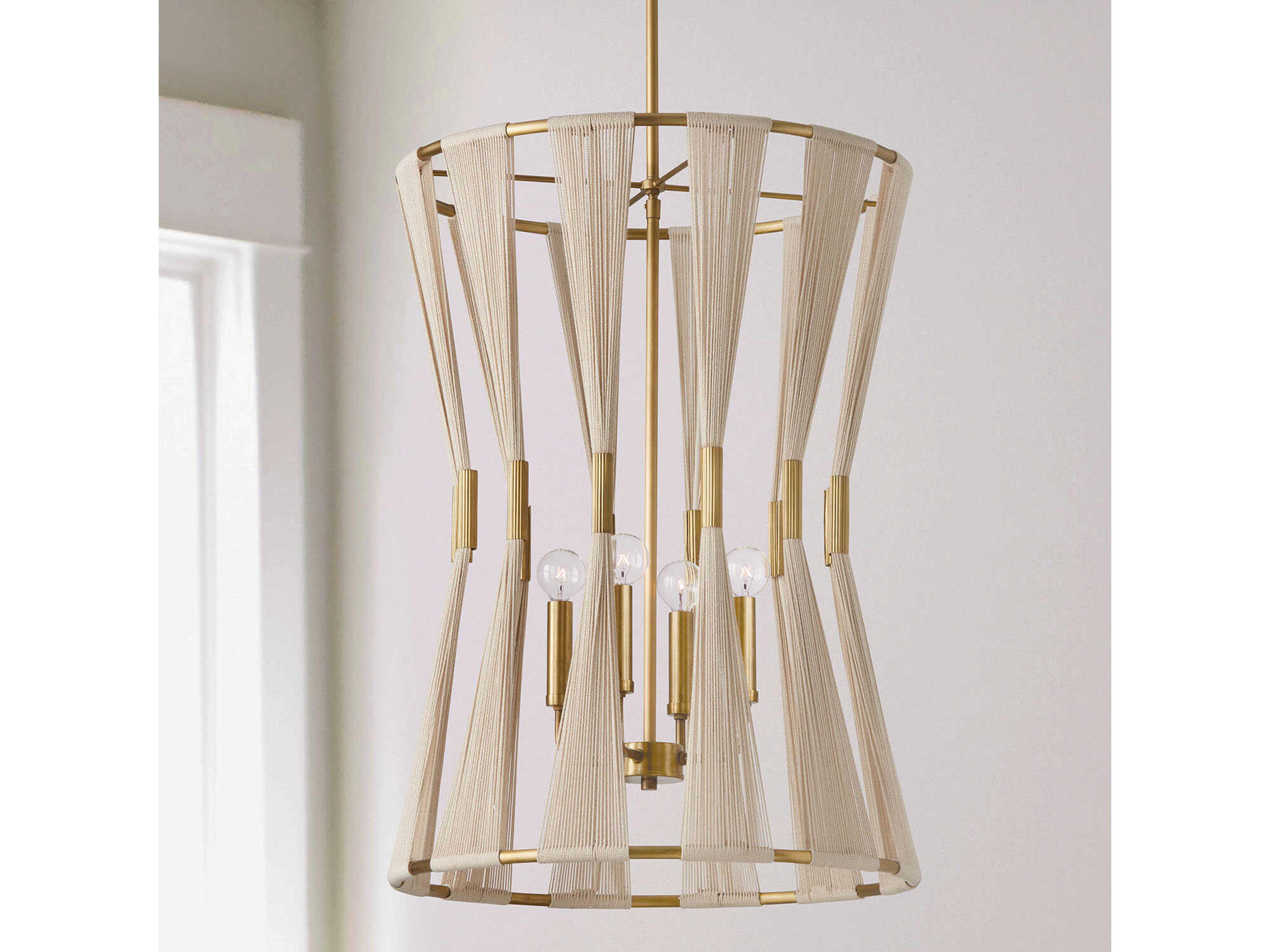 Capital Lighting Bianca 4-Light Bleached Natural Rope Patinaed Brass White Pendant