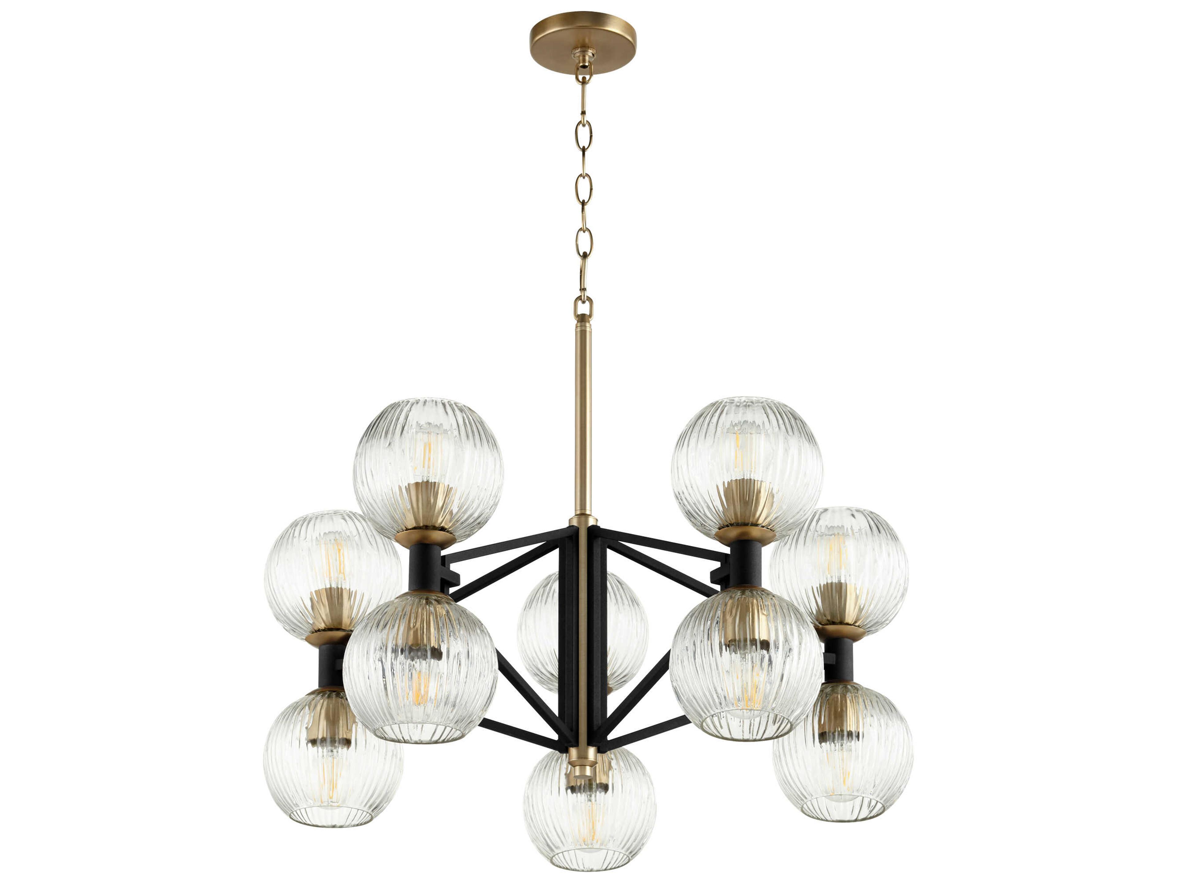 10-Light Noir Aged Brass Black Glass Globe Chandelier