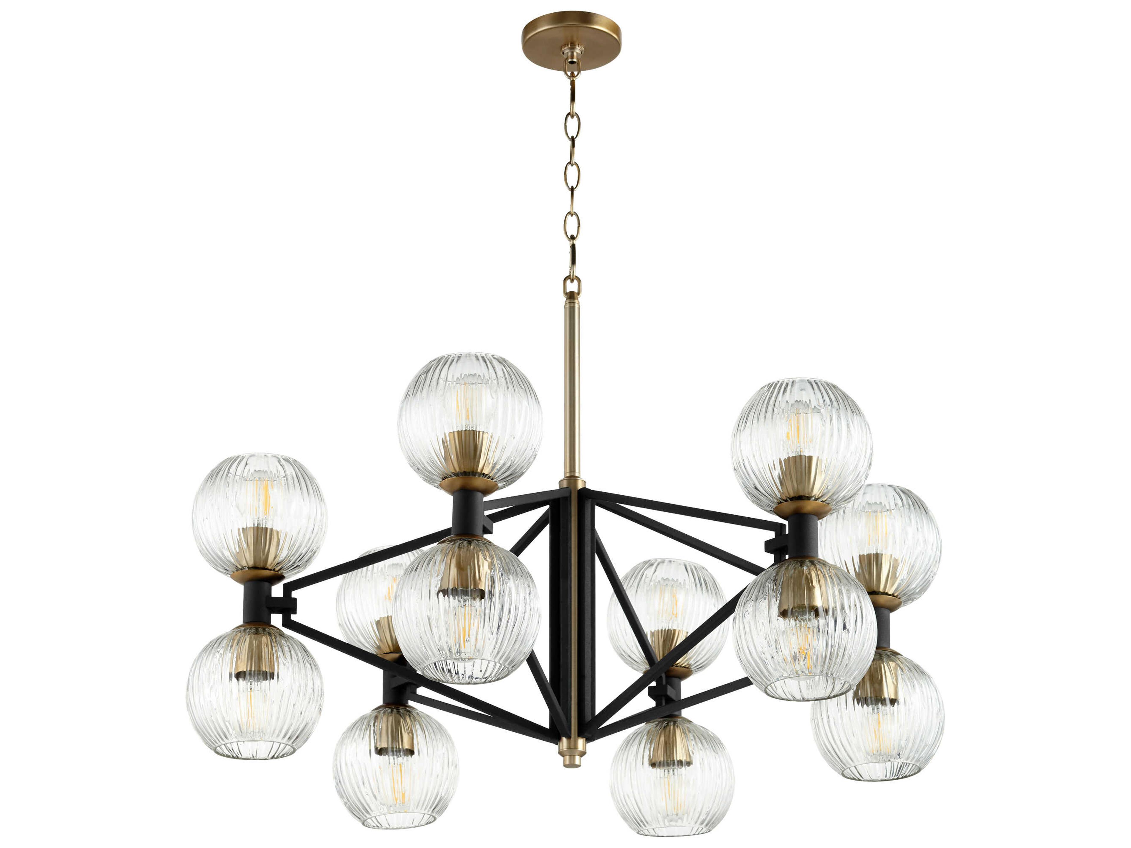 12-Light Noir Aged Brass Black Glass Globe Chandelier