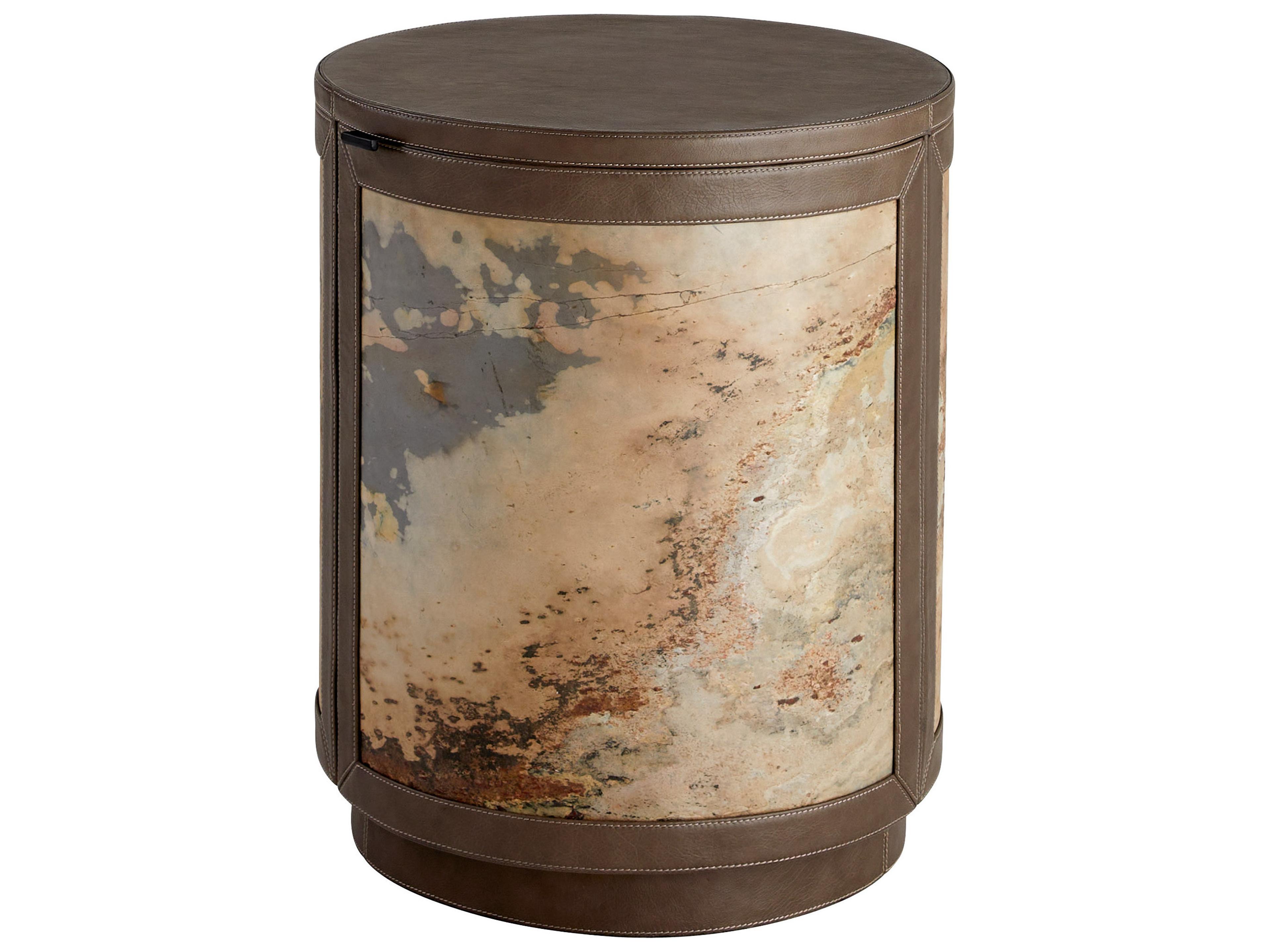 Round Leather Smoke Grey Slate Veneer End Table
