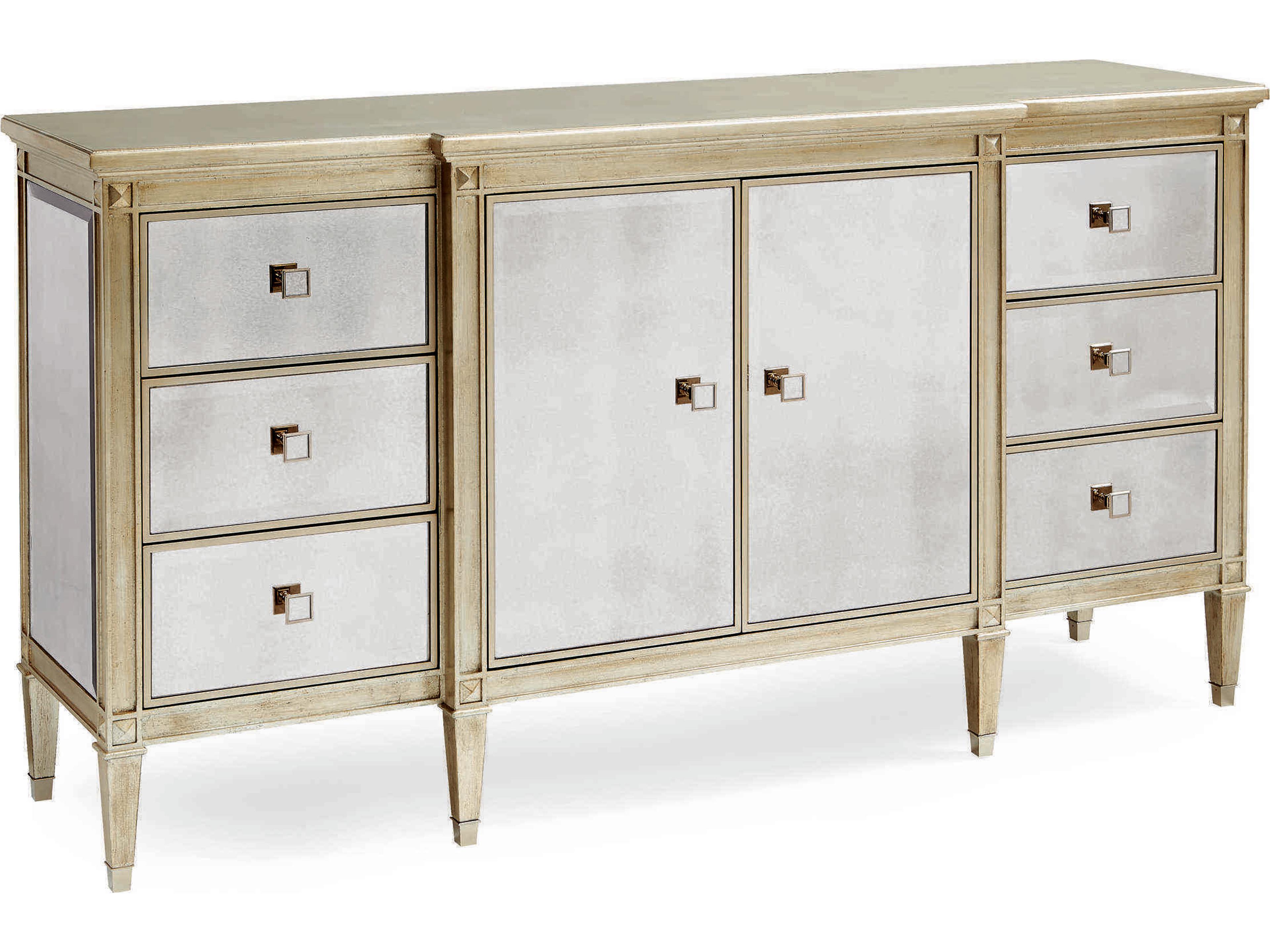 Caracole Classic La Dee-Dah Silver Leaf and Antique Mirrored 6-Drawers Double Dresser