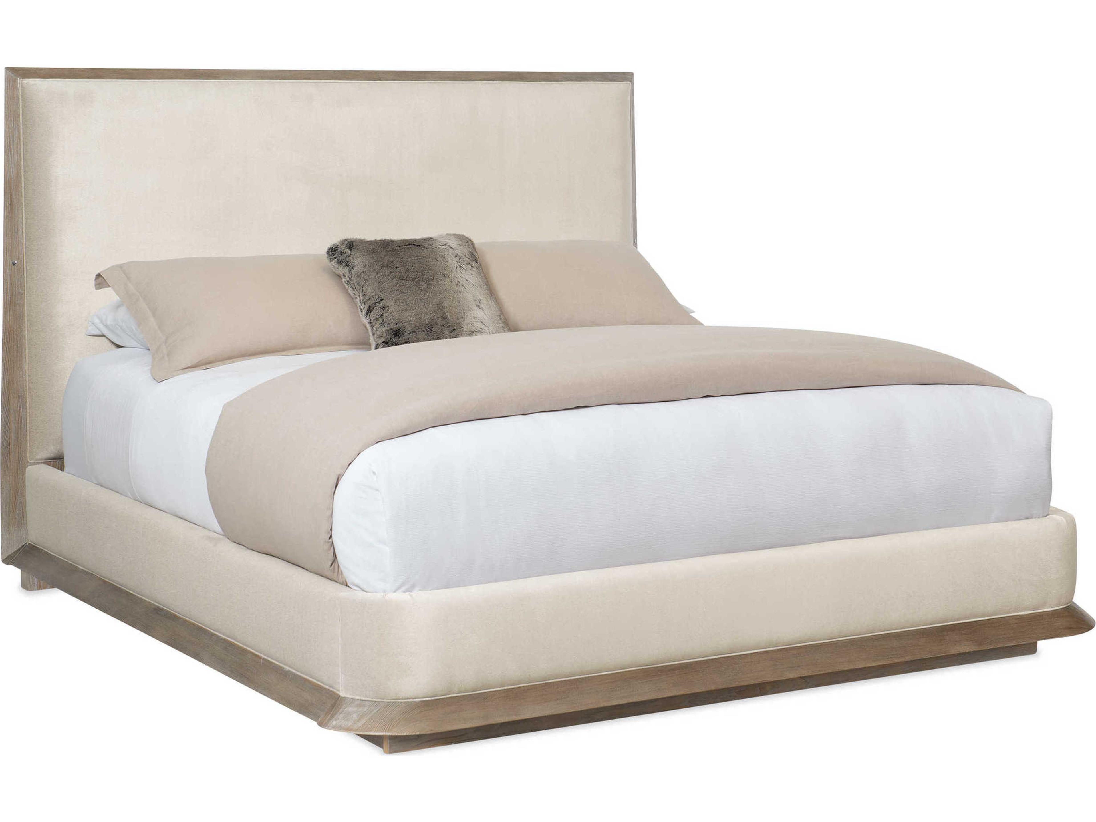 Caracole Classic The Stage Is Set Ash Driftwood White Wood Upholstered Queen Platform Bed