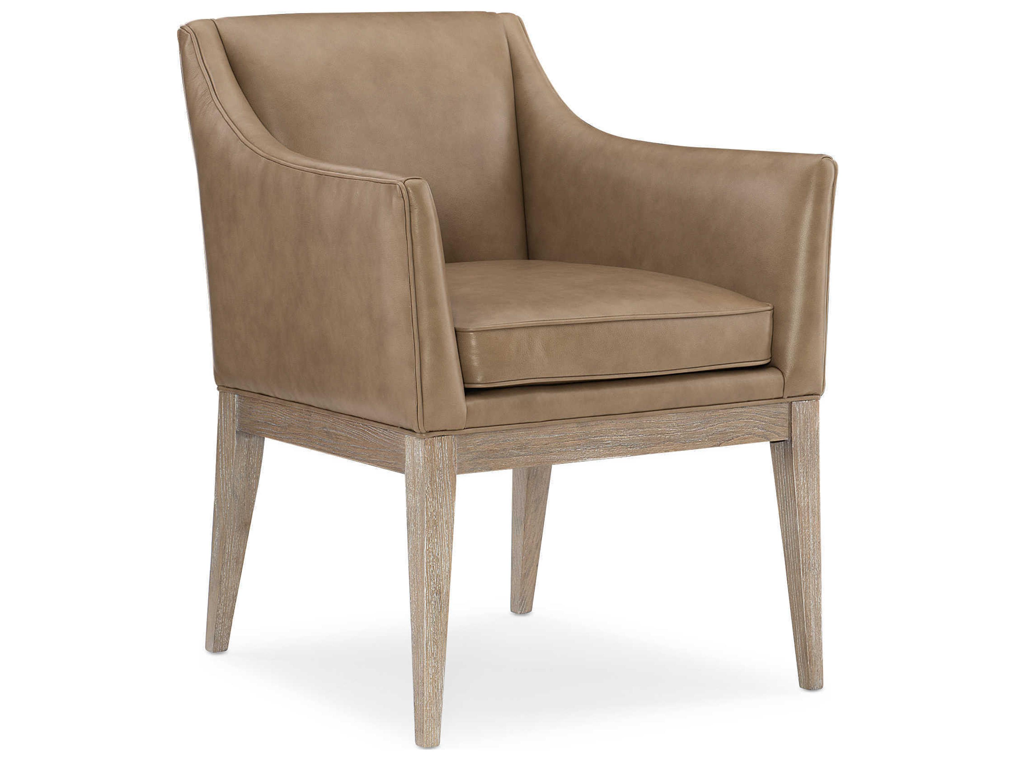 Caracole Classic Free and Easy Leather Ash Wood Brown Upholstered Arm Dining Chair