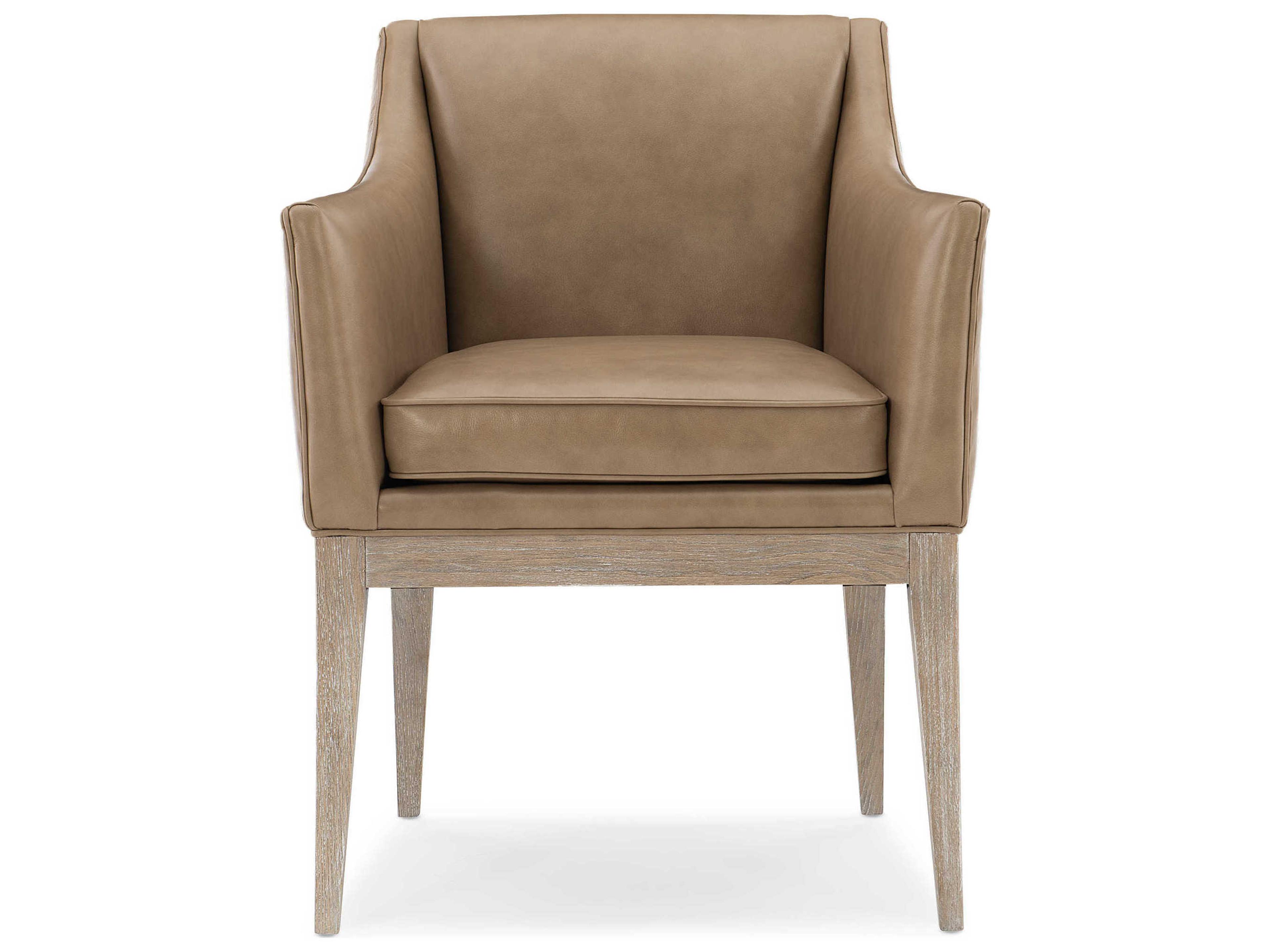 Caracole Classic Free and Easy Leather Ash Wood Brown Upholstered Arm Dining Chair