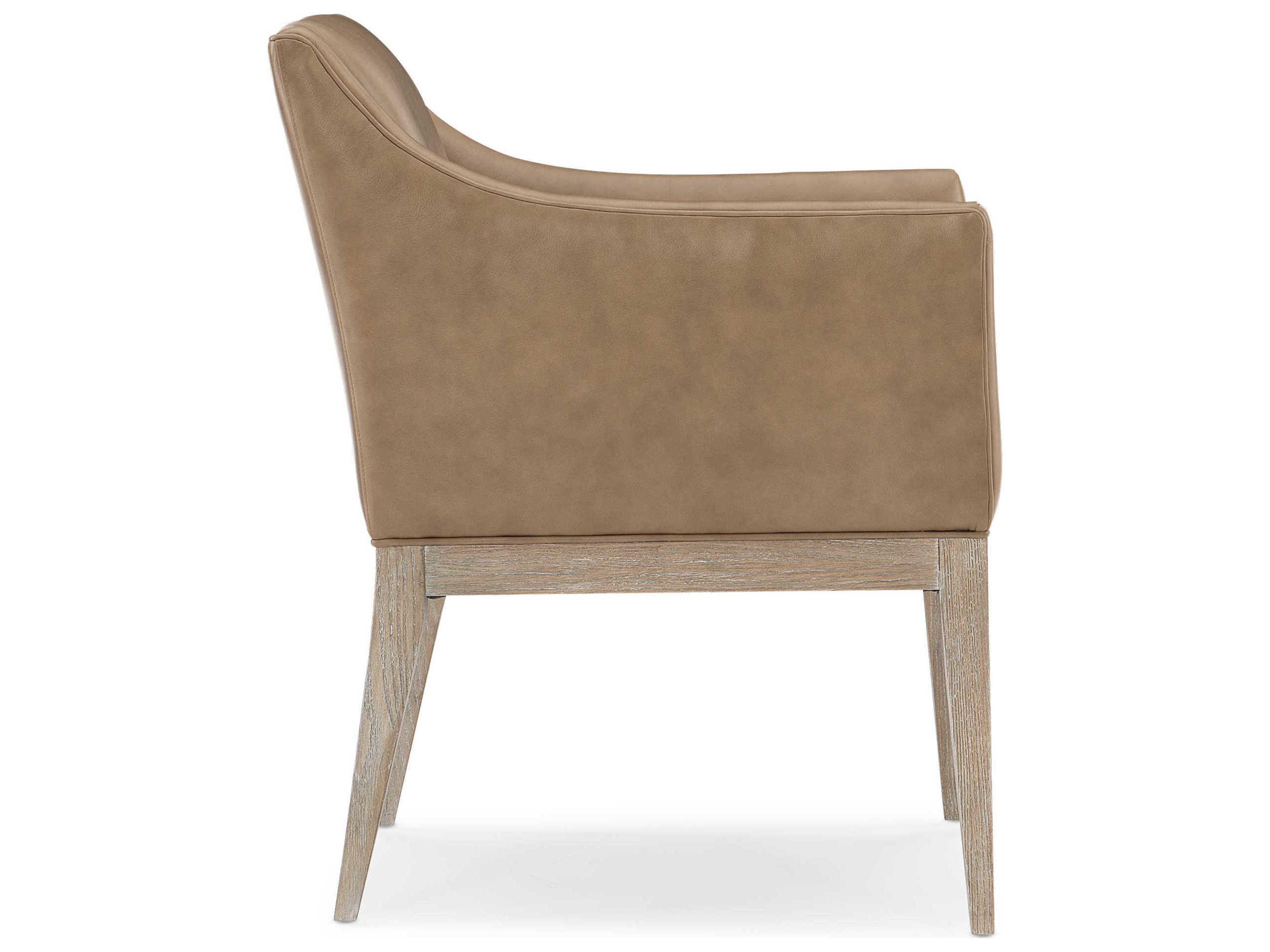 Caracole Classic Free and Easy Leather Ash Wood Brown Upholstered Arm Dining Chair