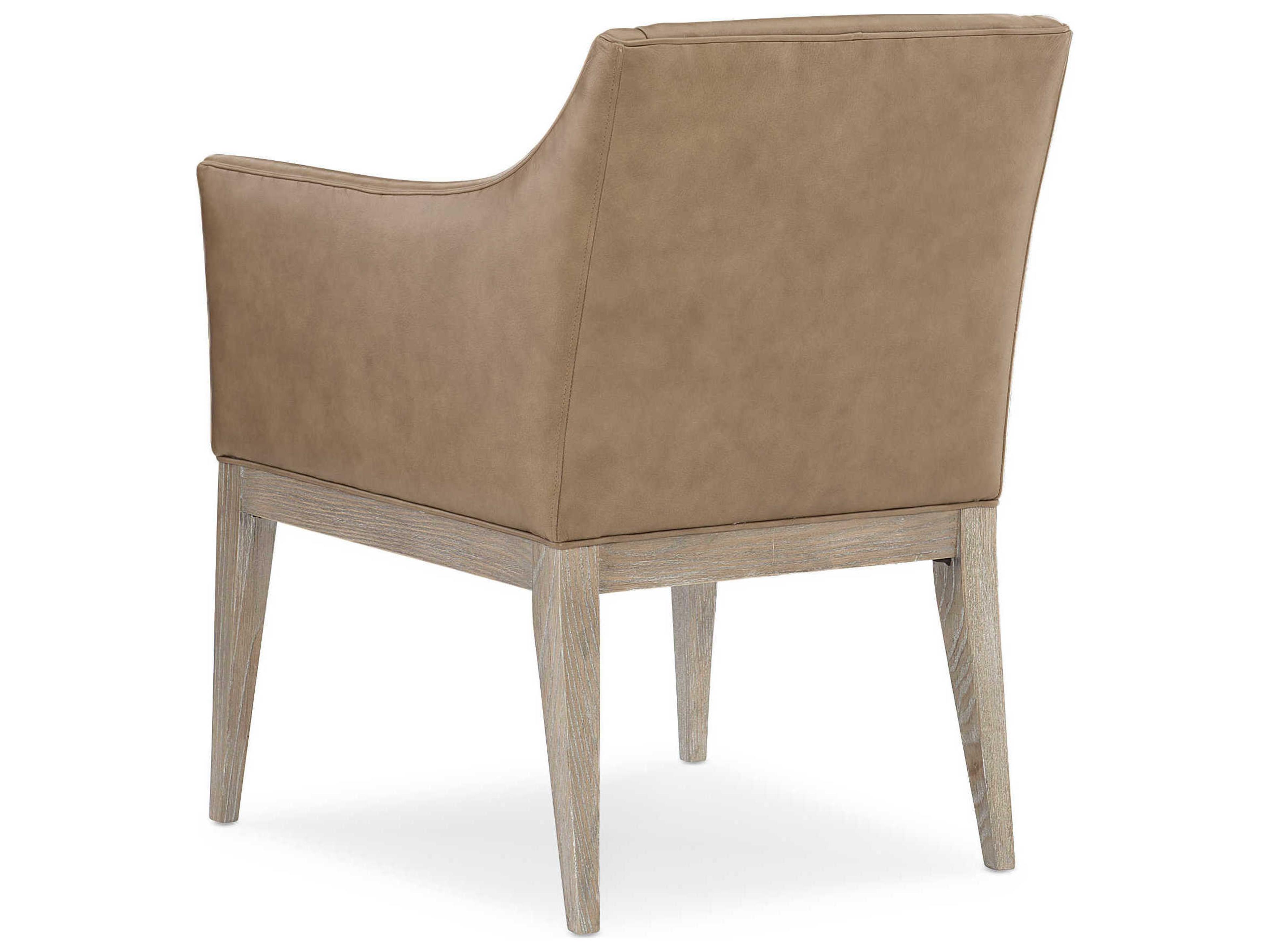 Caracole Classic Free and Easy Leather Ash Wood Brown Upholstered Arm Dining Chair