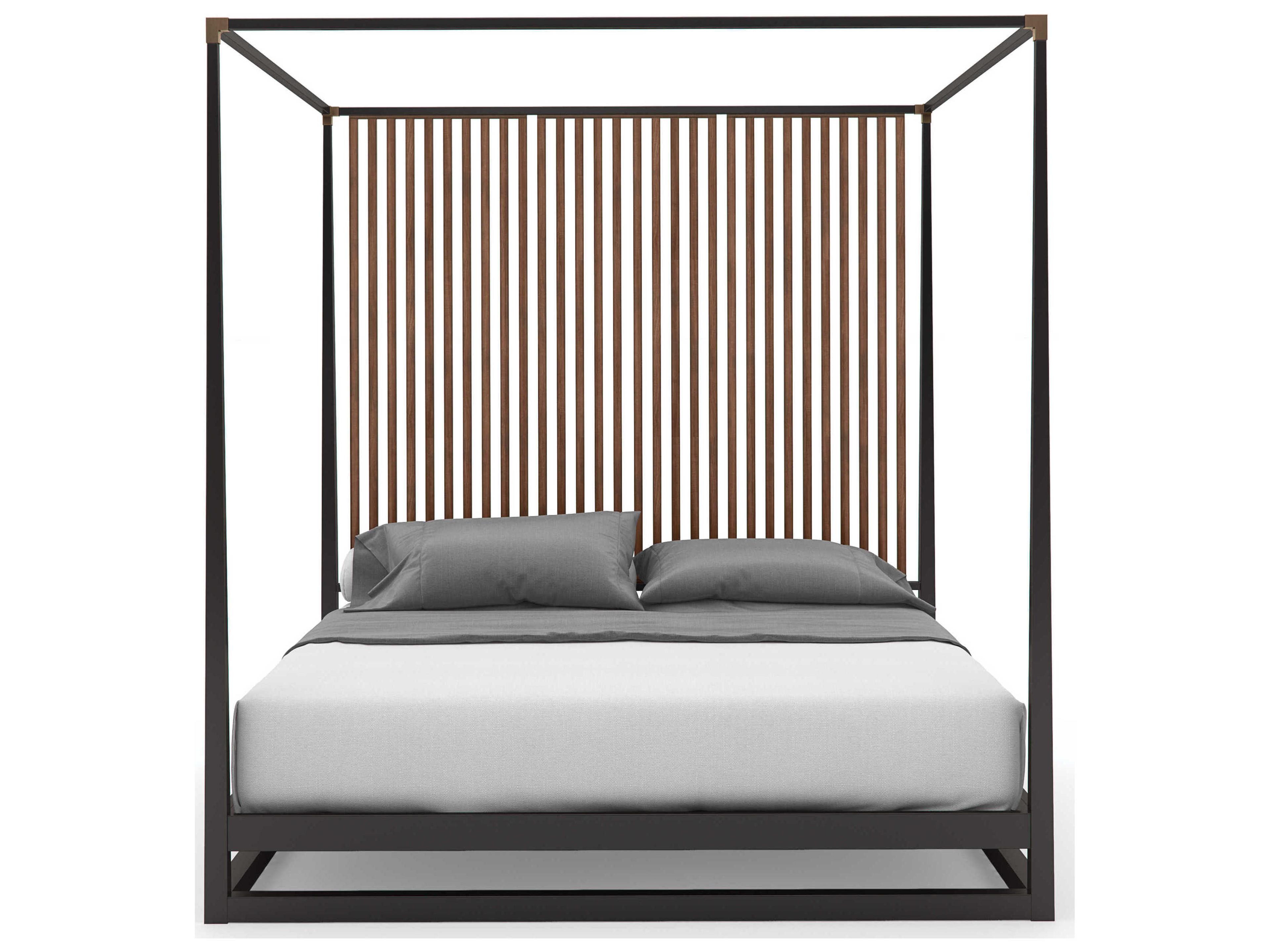 Caracole Classic Pinstripe Dark Chocolate Rich Walnut Brown Wood Queen Canopy Bed
