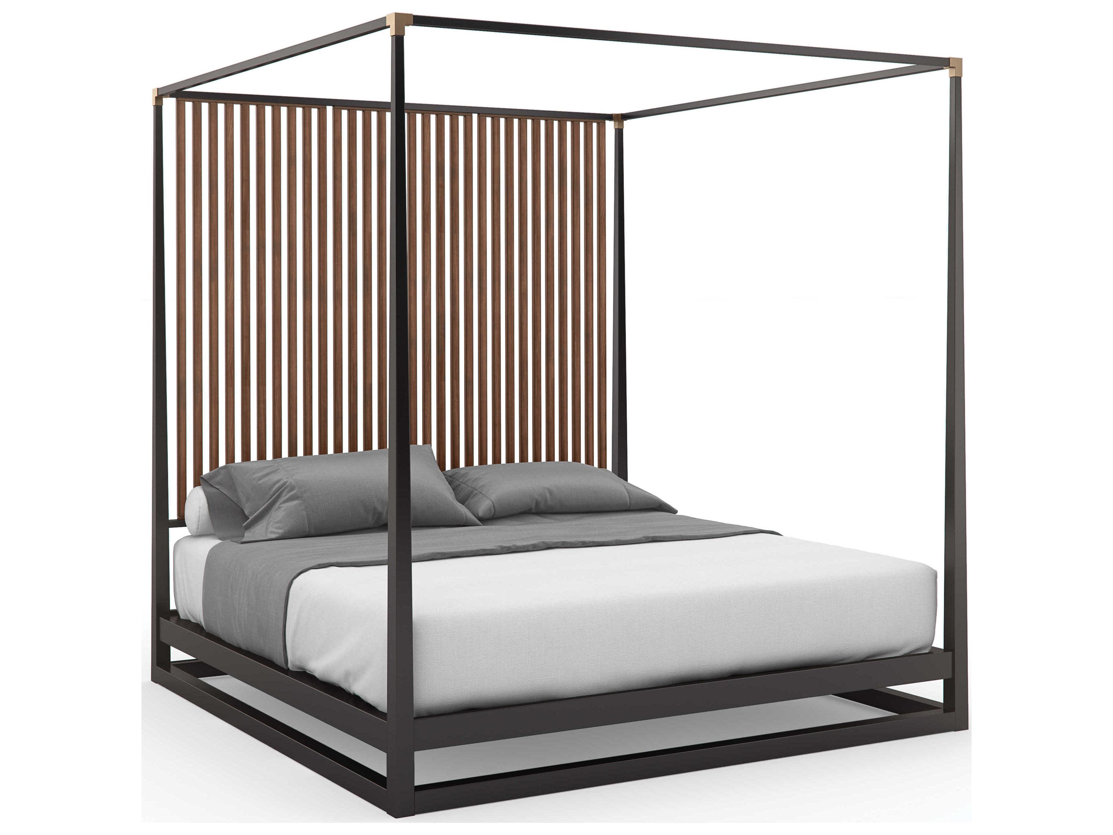 Caracole Classic Pinstripe Dark Chocolate Rich Walnut Brown Wood Queen Canopy Bed