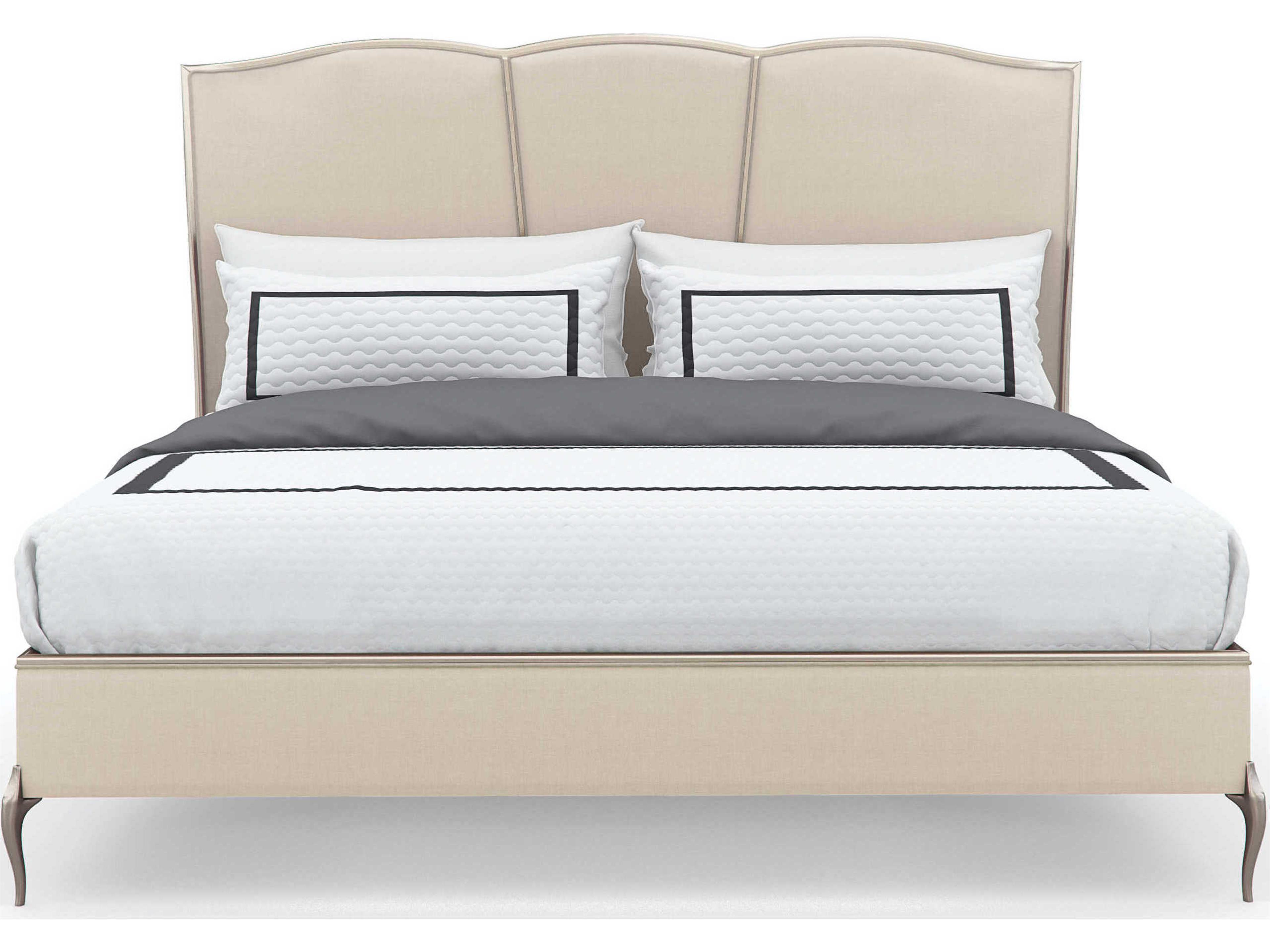 Caracole Classic Un-Deux-Trois Soft Silver Paint White Upholstered King Platform Bed