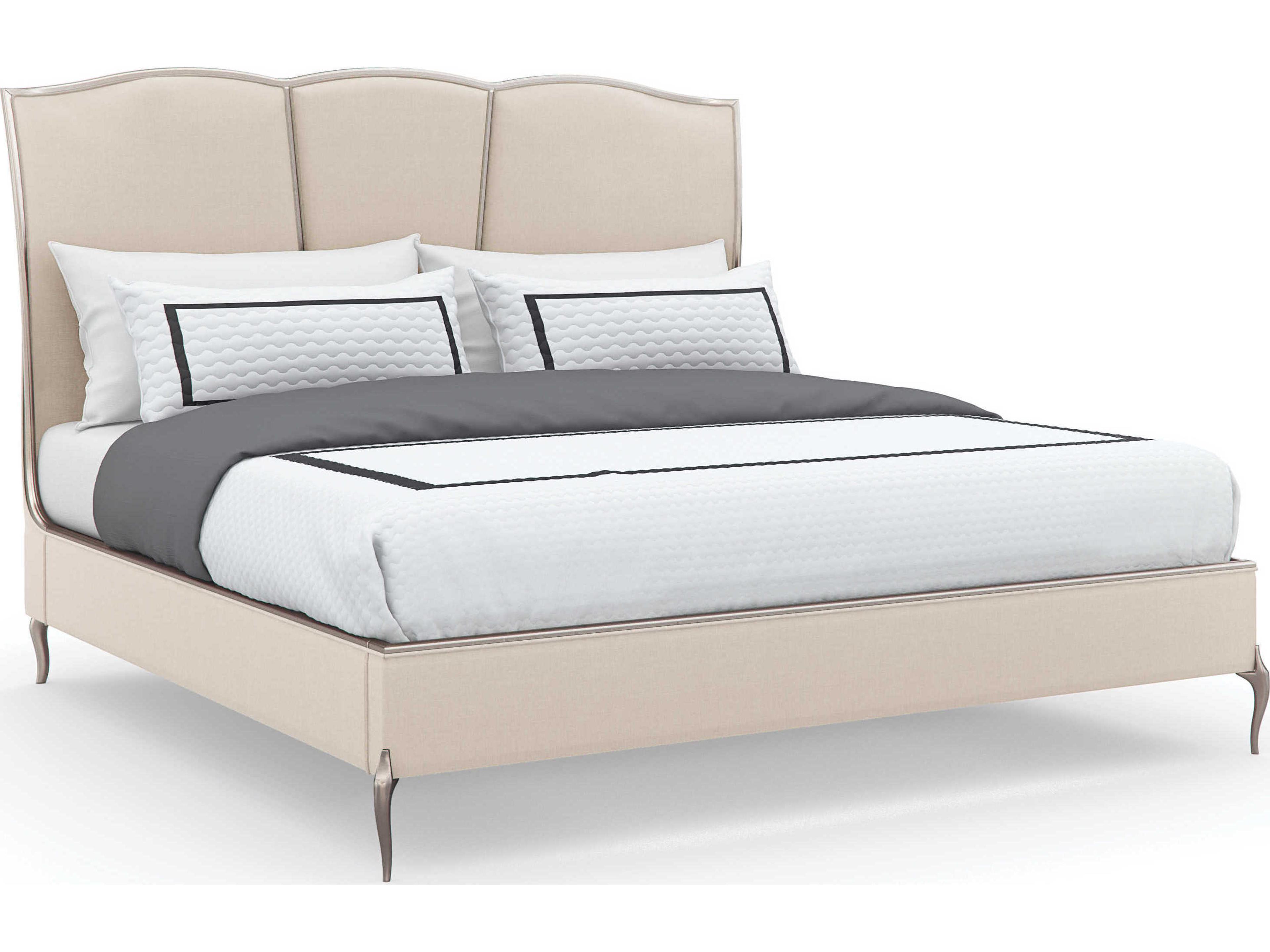 Caracole Classic Un-Deux-Trois Soft Silver Paint White Upholstered King Platform Bed