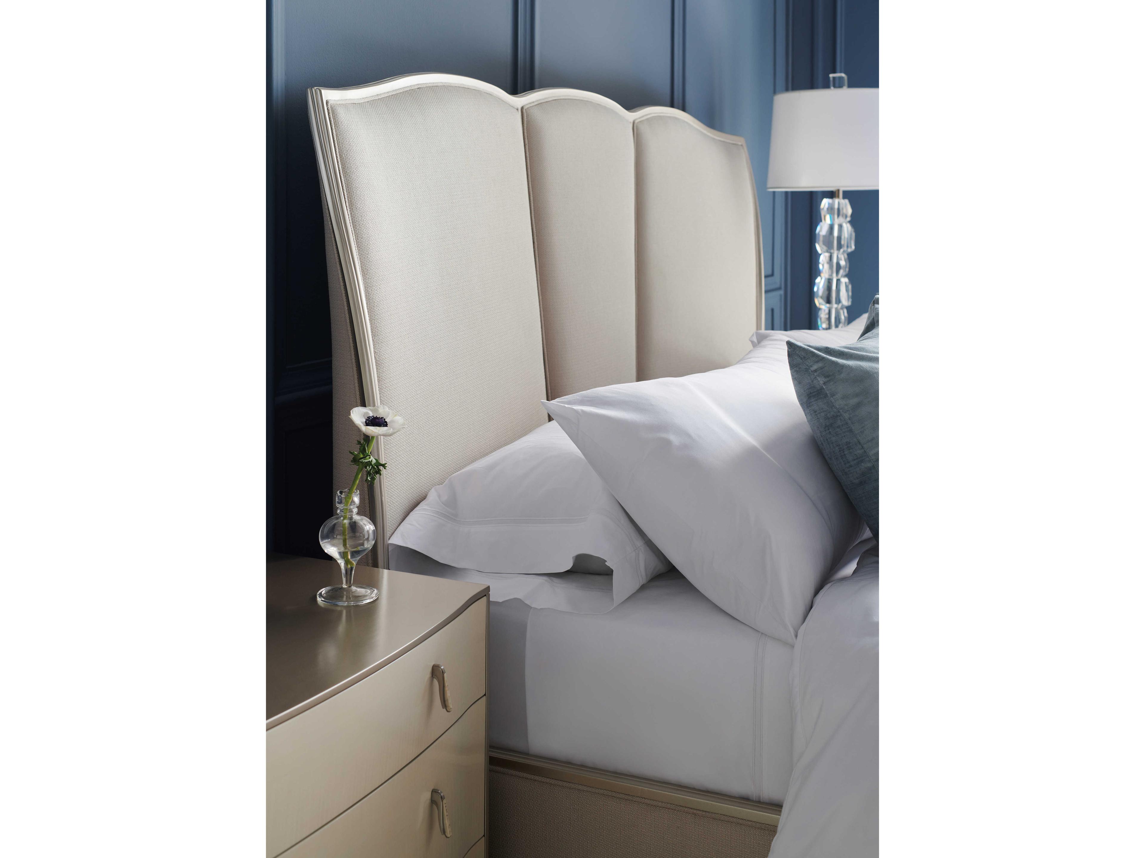 Caracole Classic Un-Deux-Trois Soft Silver Paint White Upholstered King Platform Bed