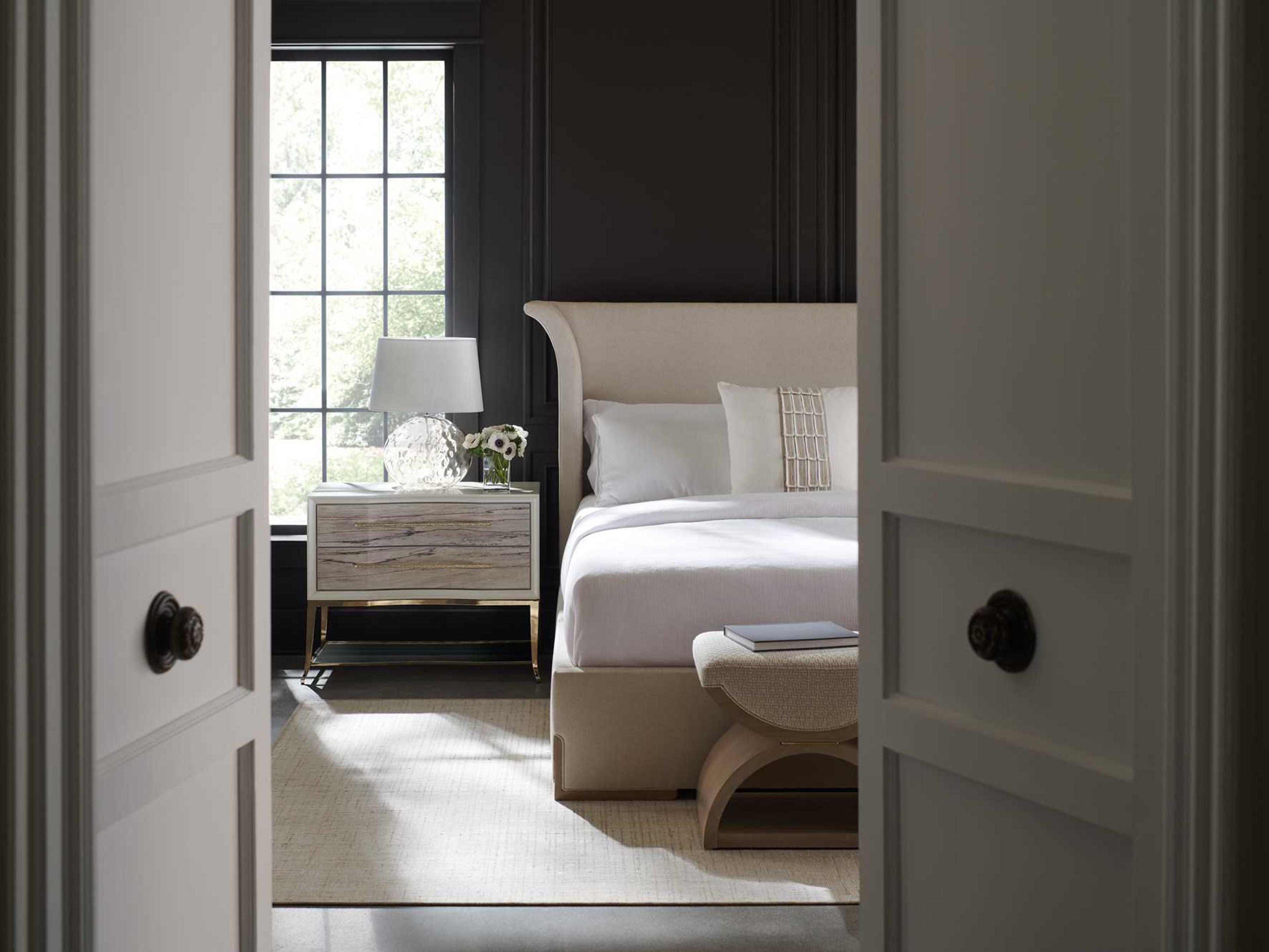 Caracole Classic Open Enrollment Woodland Gray Majestic Gold Brown Upholstered Ottoman