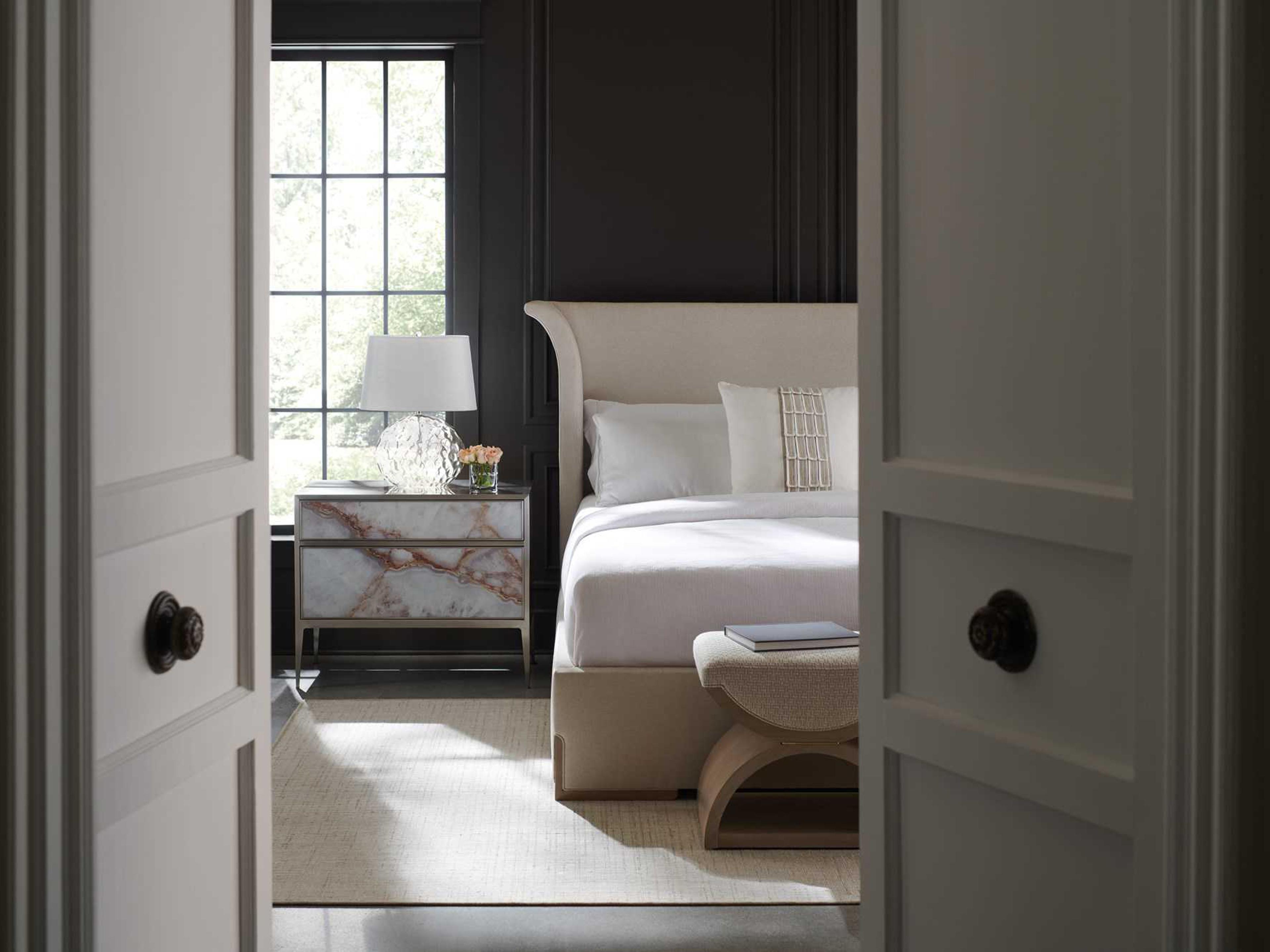 Caracole Classic Open Enrollment Woodland Gray Majestic Gold Brown Upholstered Ottoman